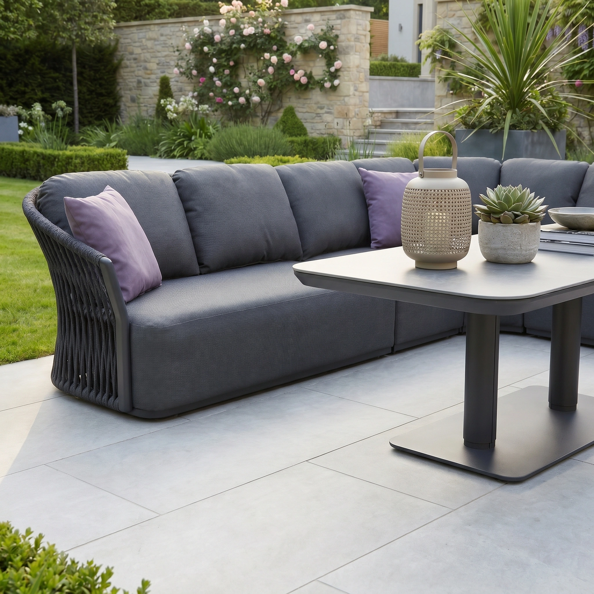 Modern patio with the Pello Deluxe Curved Sofa Set in grey, purple cushions, and an Altura Rising Table topped with a decorative lantern.