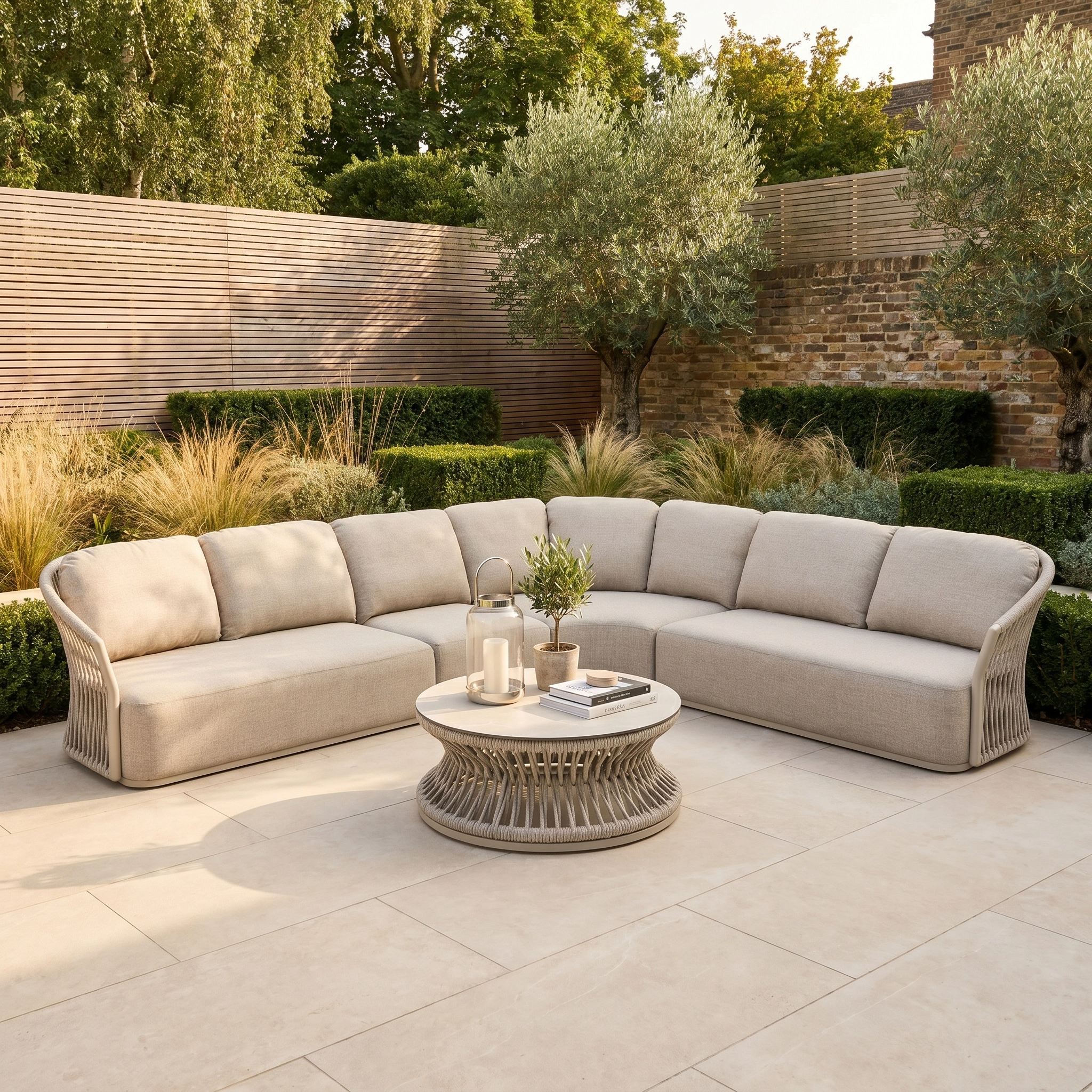 The Pello Deluxe Curved Sofa Set with Round Coffee Table in Fawn features weather-resistant cushions and sits on a tiled patio, surrounded by lush greenery.