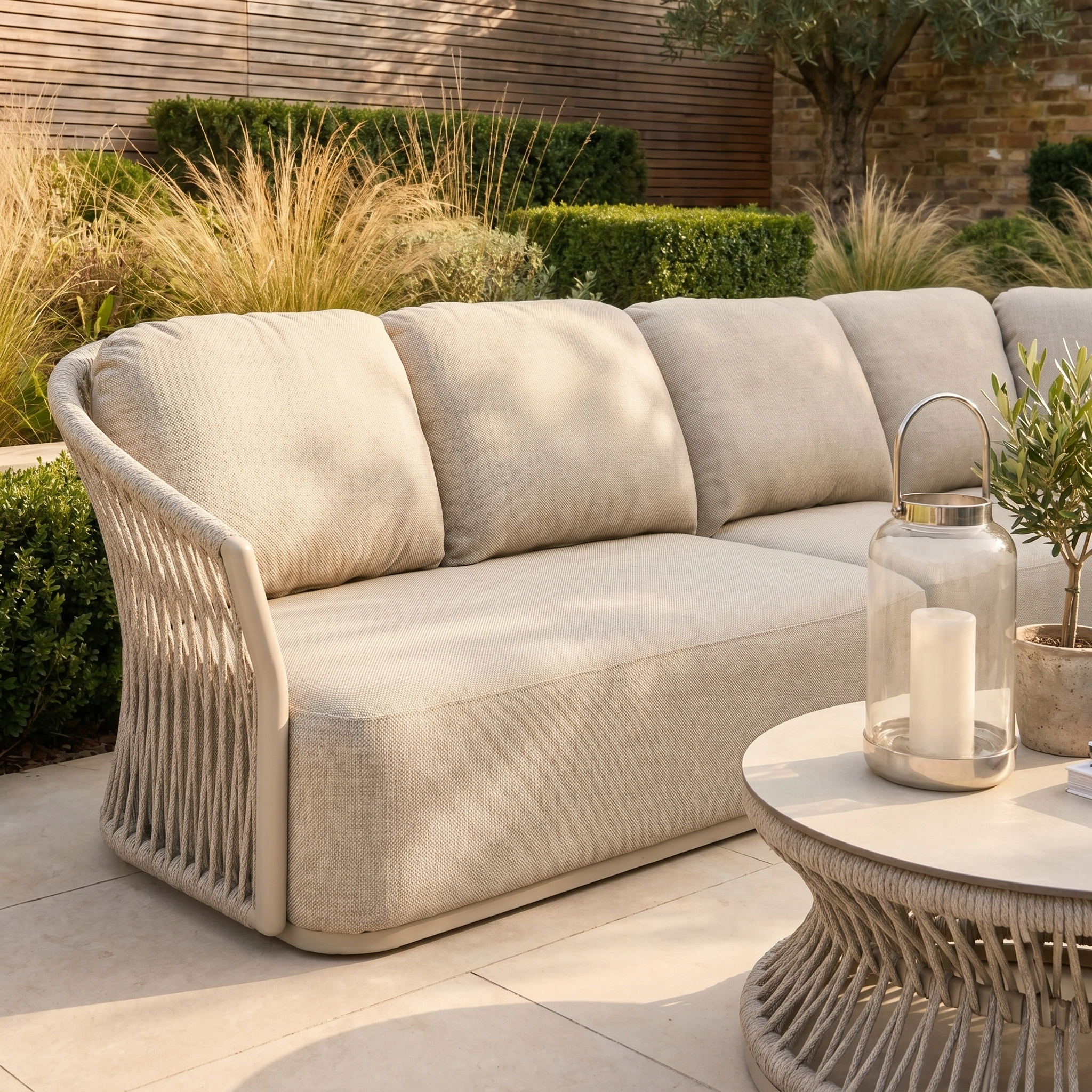 The Pello Deluxe Curved Sofa Set with Round Coffee Table in Fawn features weather-resistant cushions and is perfect for patios surrounded by greenery, creating an inviting and stylish outdoor living space.