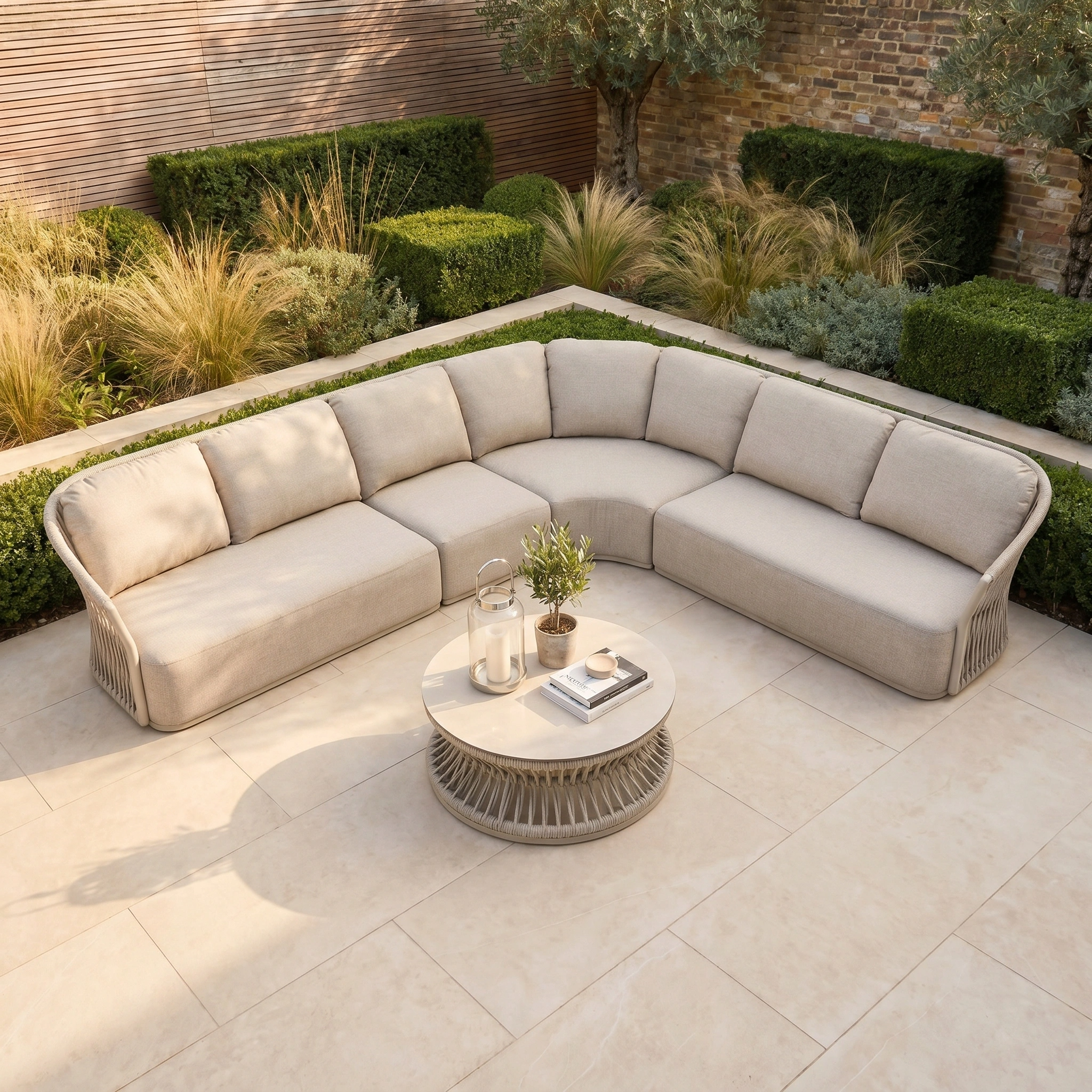 The Pello Deluxe Curved Sofa Set with Round Coffee Table in Fawn features weather-resistant cushions—ideal outdoor living furniture for relaxing in style on a tiled patio, surrounded by greenery and hedges.