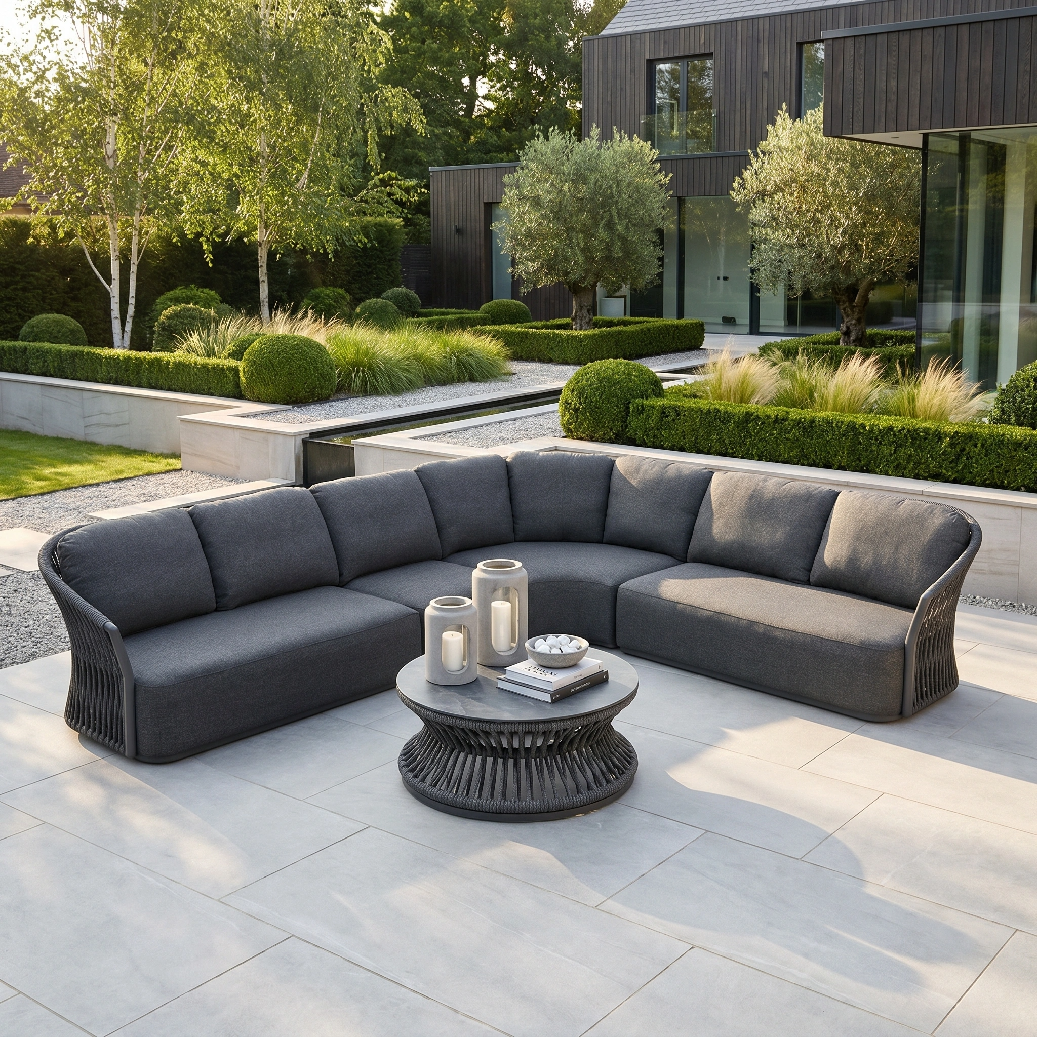 Modern outdoor patio featuring the Pello Deluxe Curved Sofa Set with Round Coffee Table in Grey, complemented by candles and a landscaped garden in the background.
