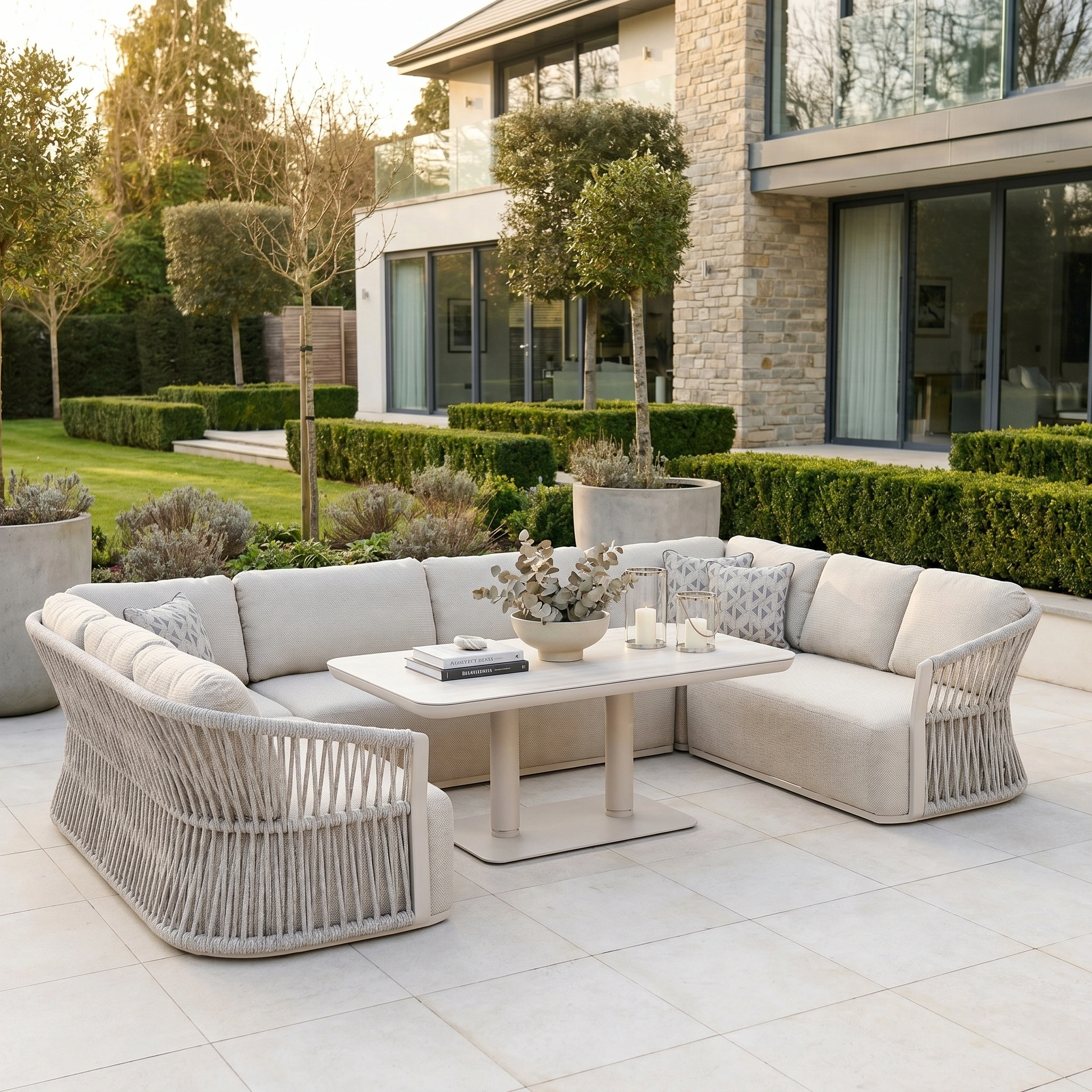A modern patio features the Pello U-Shape Corner Sofa Set with Altura Rising Table in Fawn, complemented by lush plants in a luxurious garden setting.