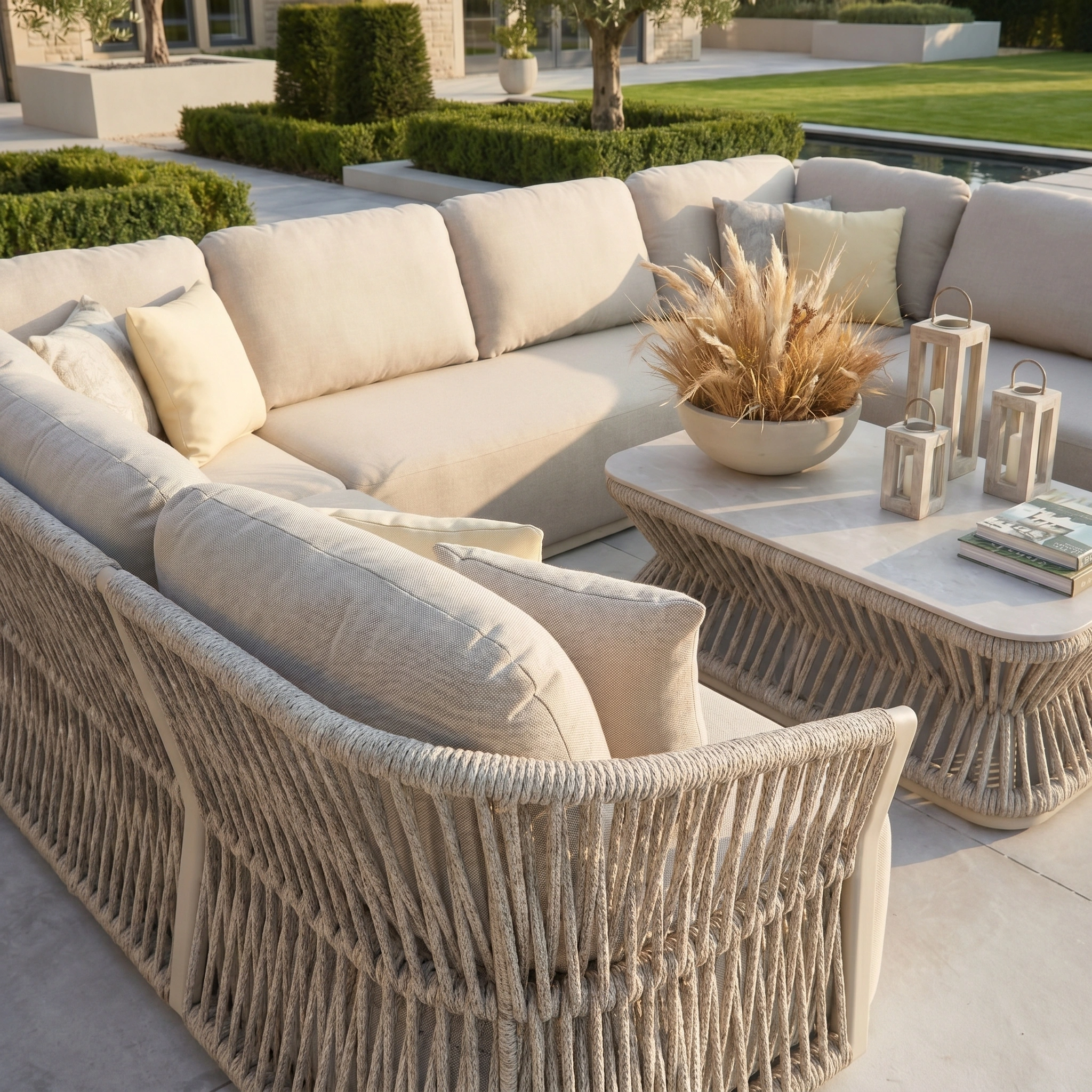 The Pello U-Shape Corner Sofa Set with Rectangular Coffee Table in Fawn features quick-dry foam cushions, pillows, a table with a dried grass centerpiece, and lanterns on a stylish patio.