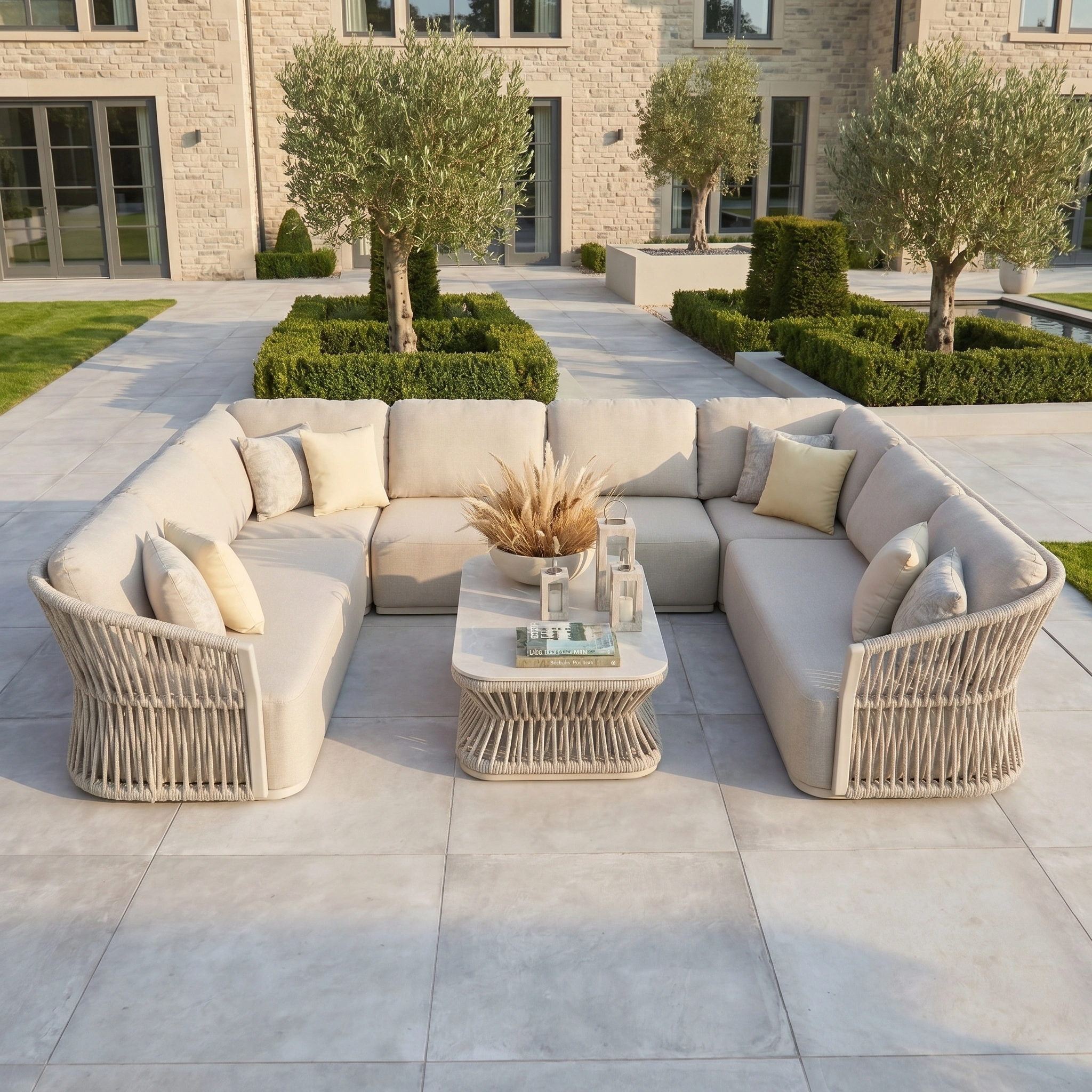 The Pello U-Shape Corner Sofa Set with Rectangular Coffee Table in Fawn features quick dry foam cushions and pillows, ideal for a stone patio surrounded by trees and manicured hedges.