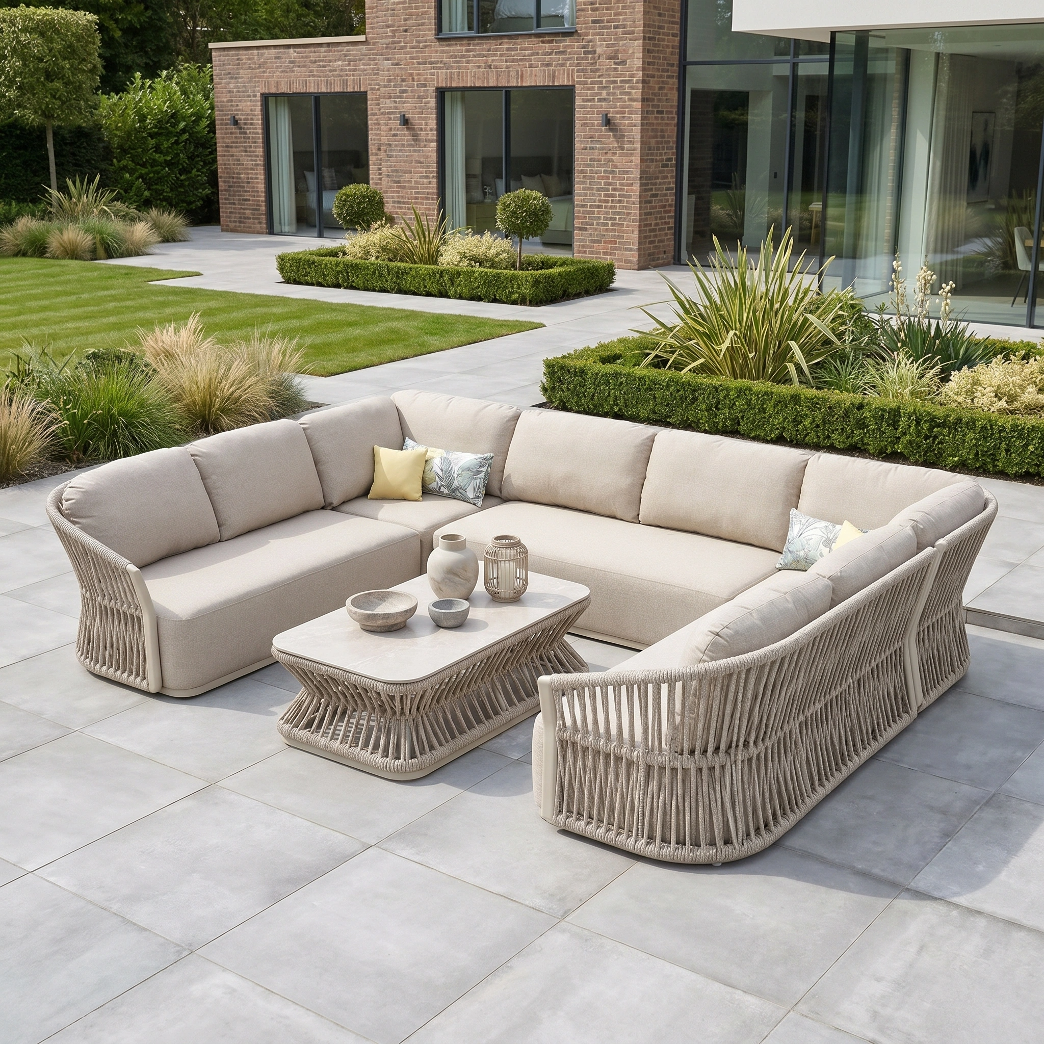 The Pello U-Shape Corner Sofa Set with Rectangular Coffee Table in Fawn is perfect for stylish patios, offering comfort and elegance as a modern garden furniture choice.