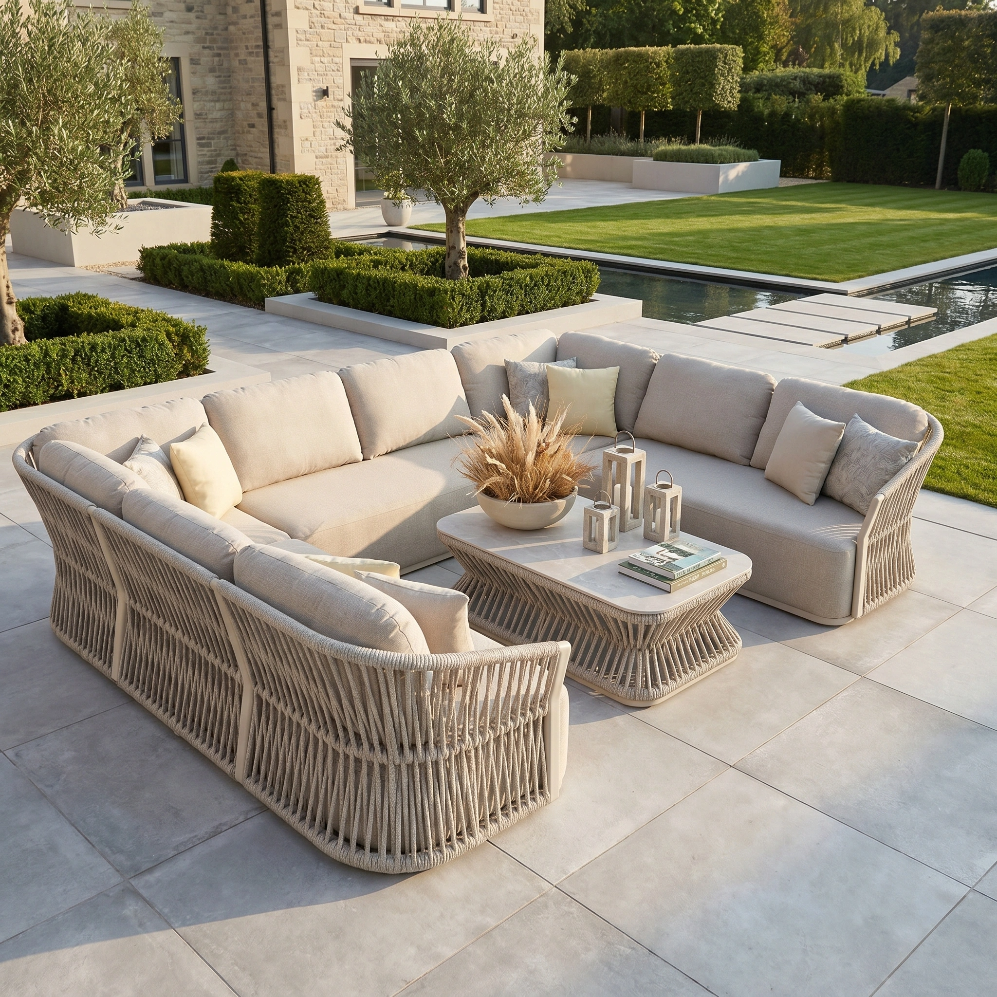 Pello U-Shape Corner Sofa Set with Rectangular Coffee Table in Fawn, featuring quick-dry foam cushions, is displayed on a tiled patio near a pool and garden.
