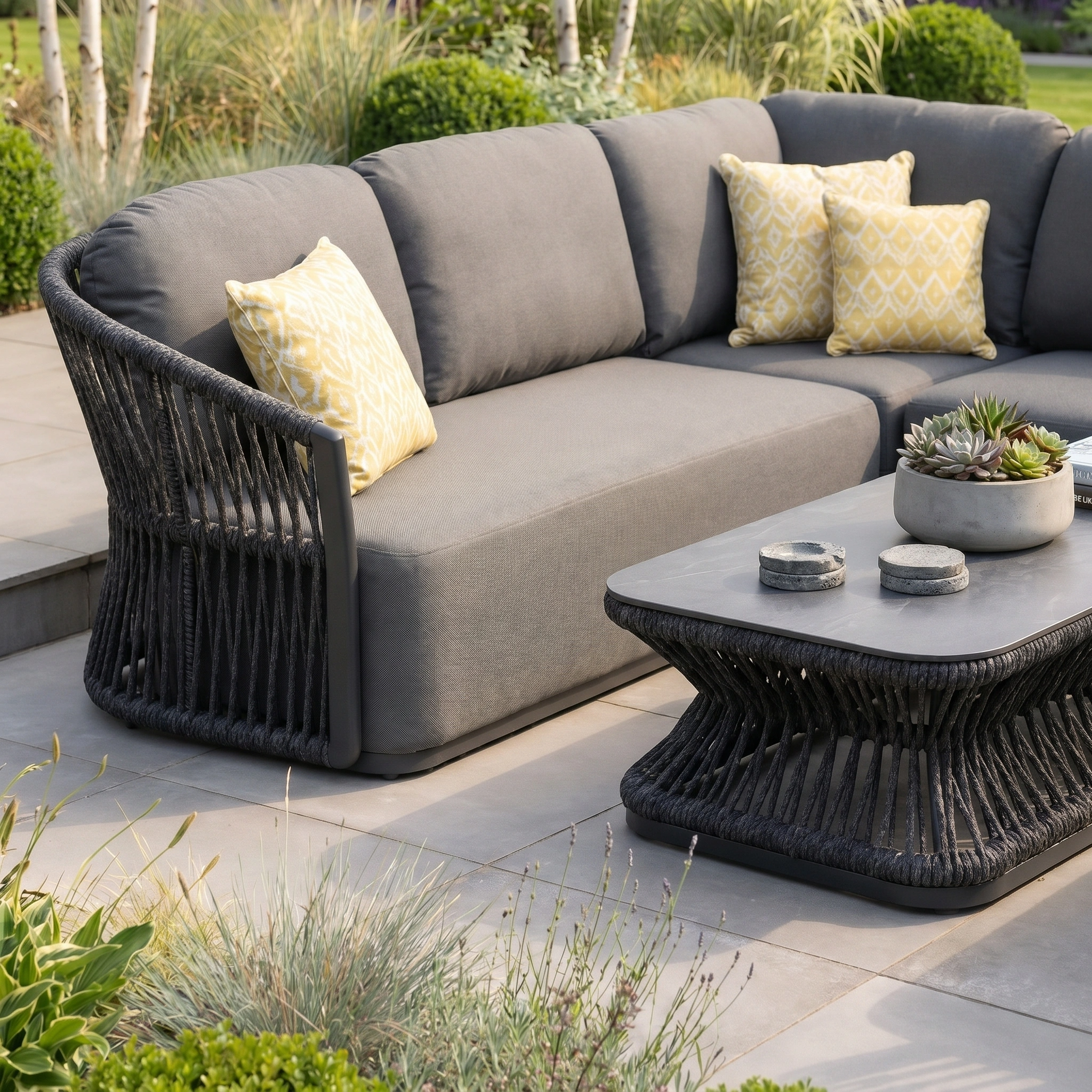 The Pello U-Shape Corner Sofa Set with Rectangular Coffee Table in Grey, accented with yellow pillows, is placed on a patio surrounded by lush greenery.