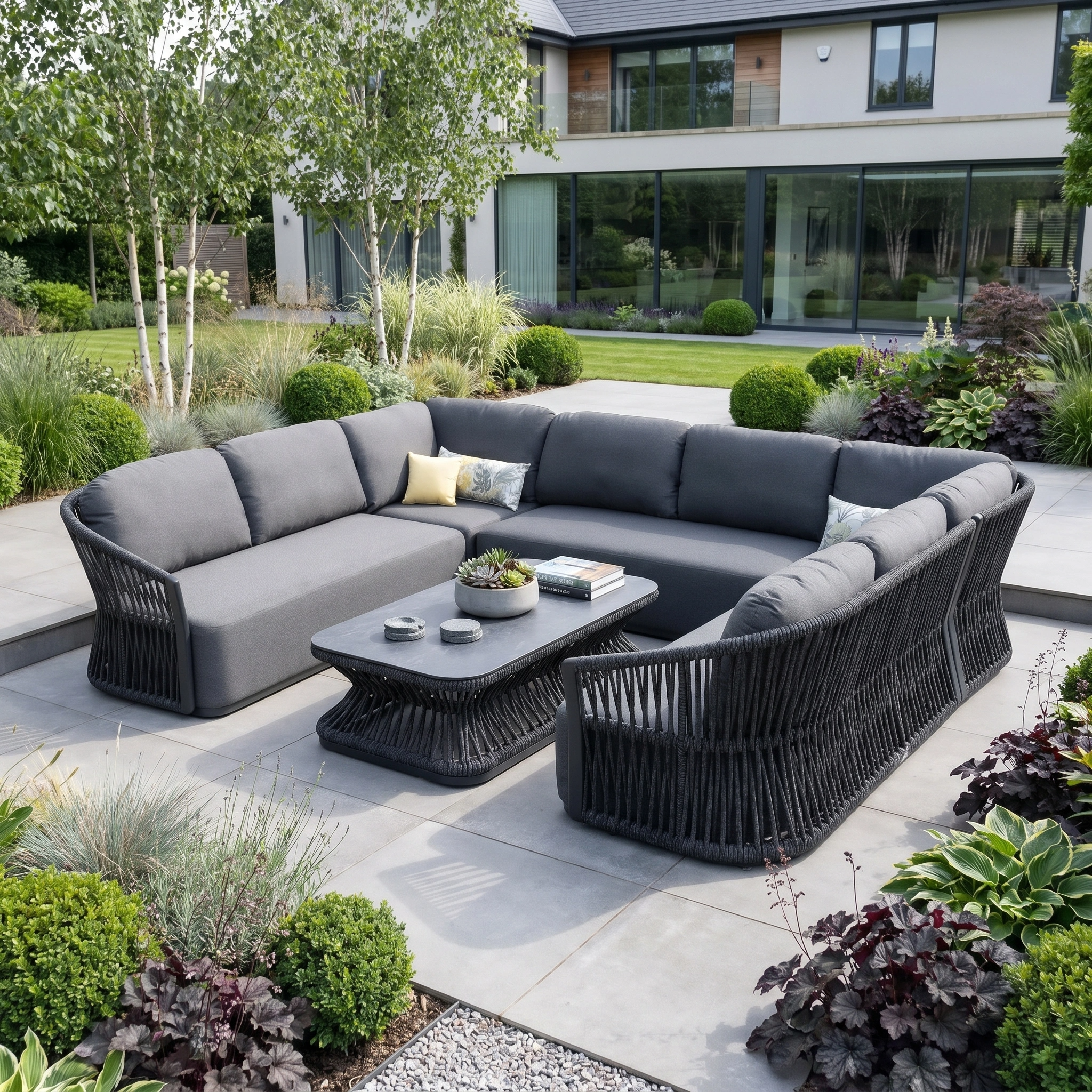 A modern outdoor patio features the Pello U-Shape Corner Sofa Set with Rectangular Coffee Table in Grey, surrounded by a lush garden in a beautifully landscaped backyard.