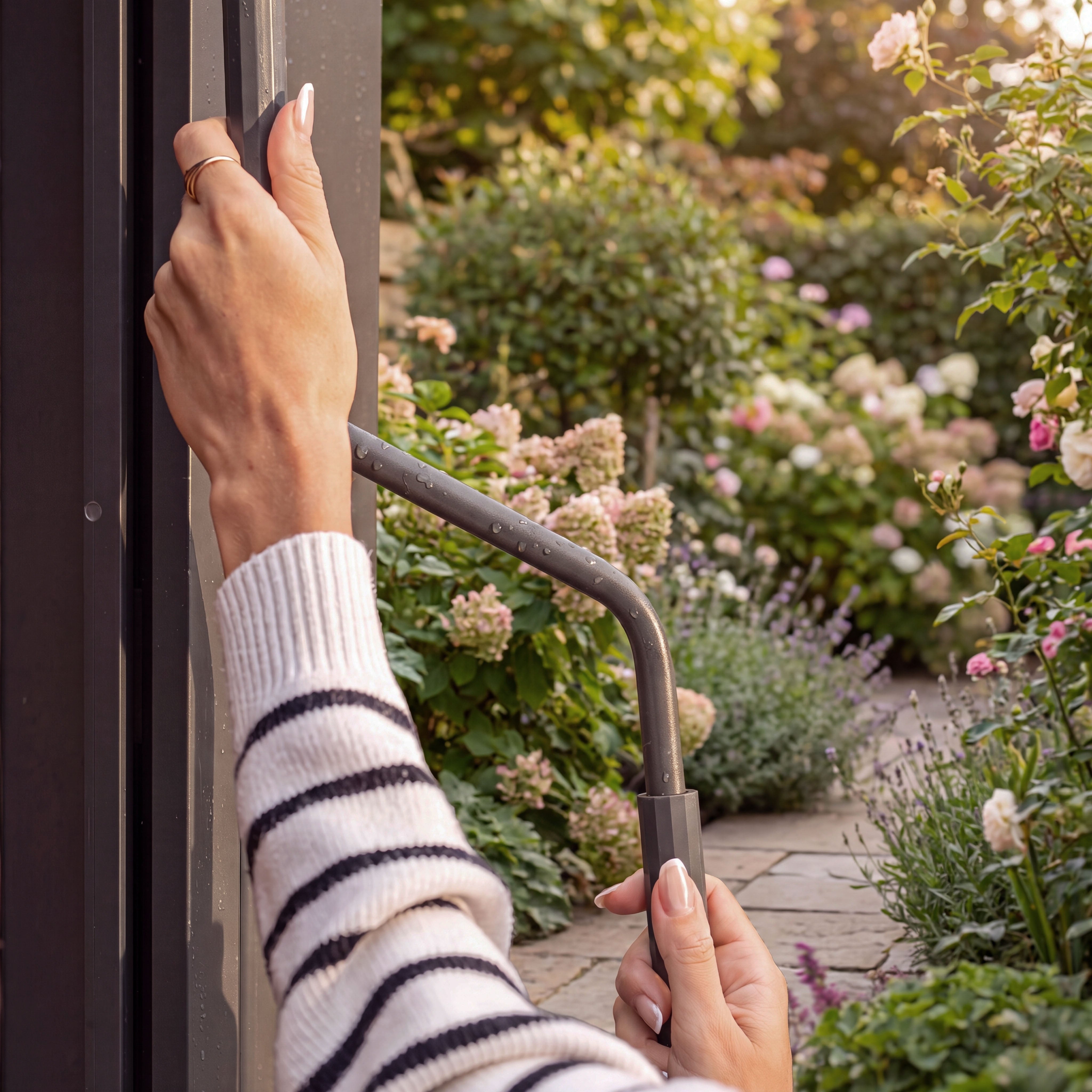 A person in a striped sweater opens a glass door to a garden with blooming flowers and a stone path, shaded by the PergoSTET Lite 2.4m x 3m Metal Rectangular Pergola in Grey, which features sleek adjustable louvres for comfortable outdoor shade.