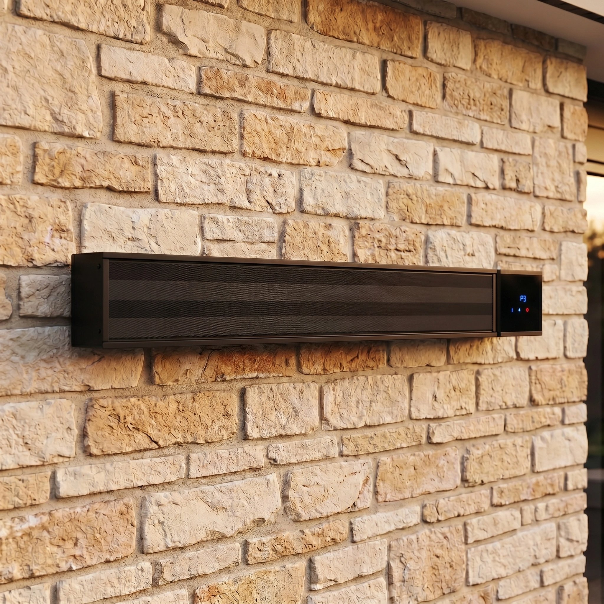 The PergoSTET 2400W Wifi & Bluetooth Heater in Black, wall-mounted on a light brick wall, is perfect for outdoor heating under pergolas and an ideal addition to your Harbour Lifestyle.