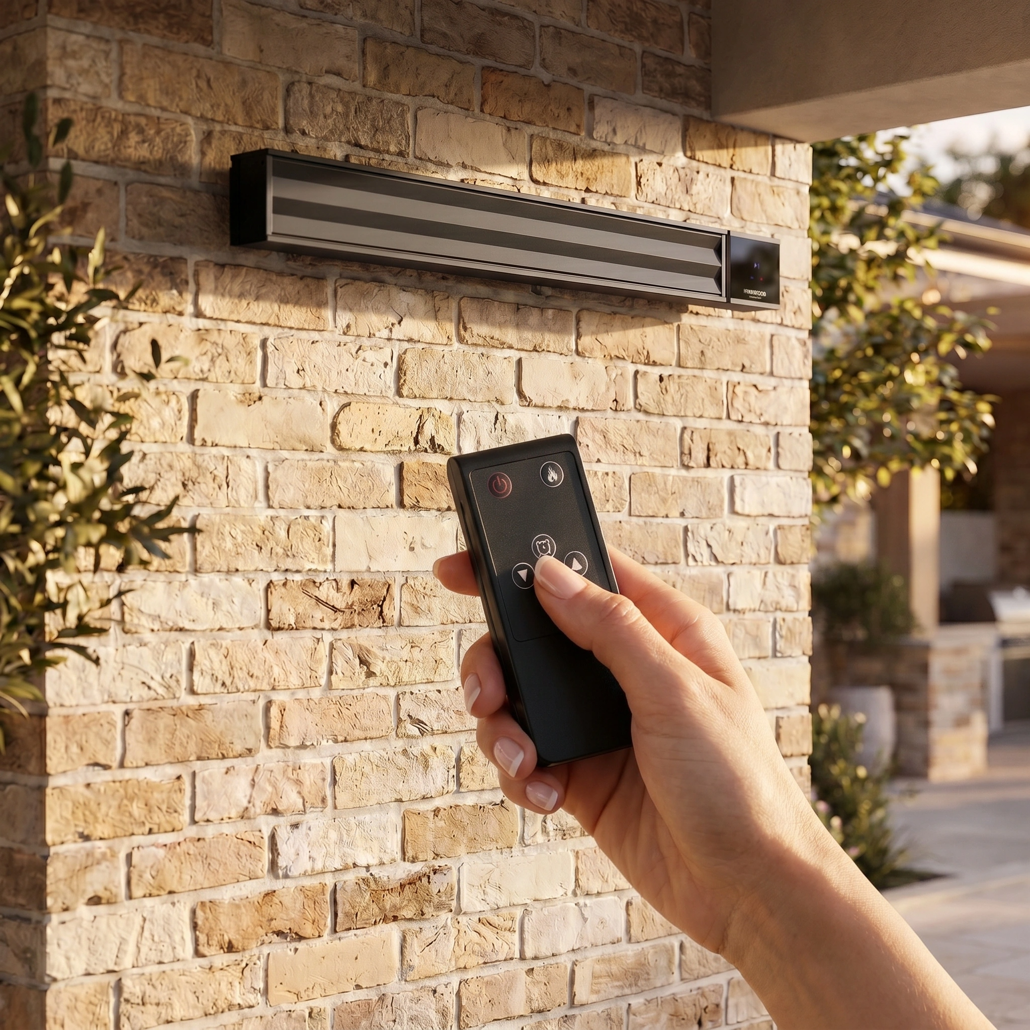 A hand holds a remote, aiming at the PergoSTET 2400W Wifi & Bluetooth Heater in Black, mounted on a brick wall—ideal for cosy evenings outdoors. Discover more heating solutions from Harbour Lifestyle.