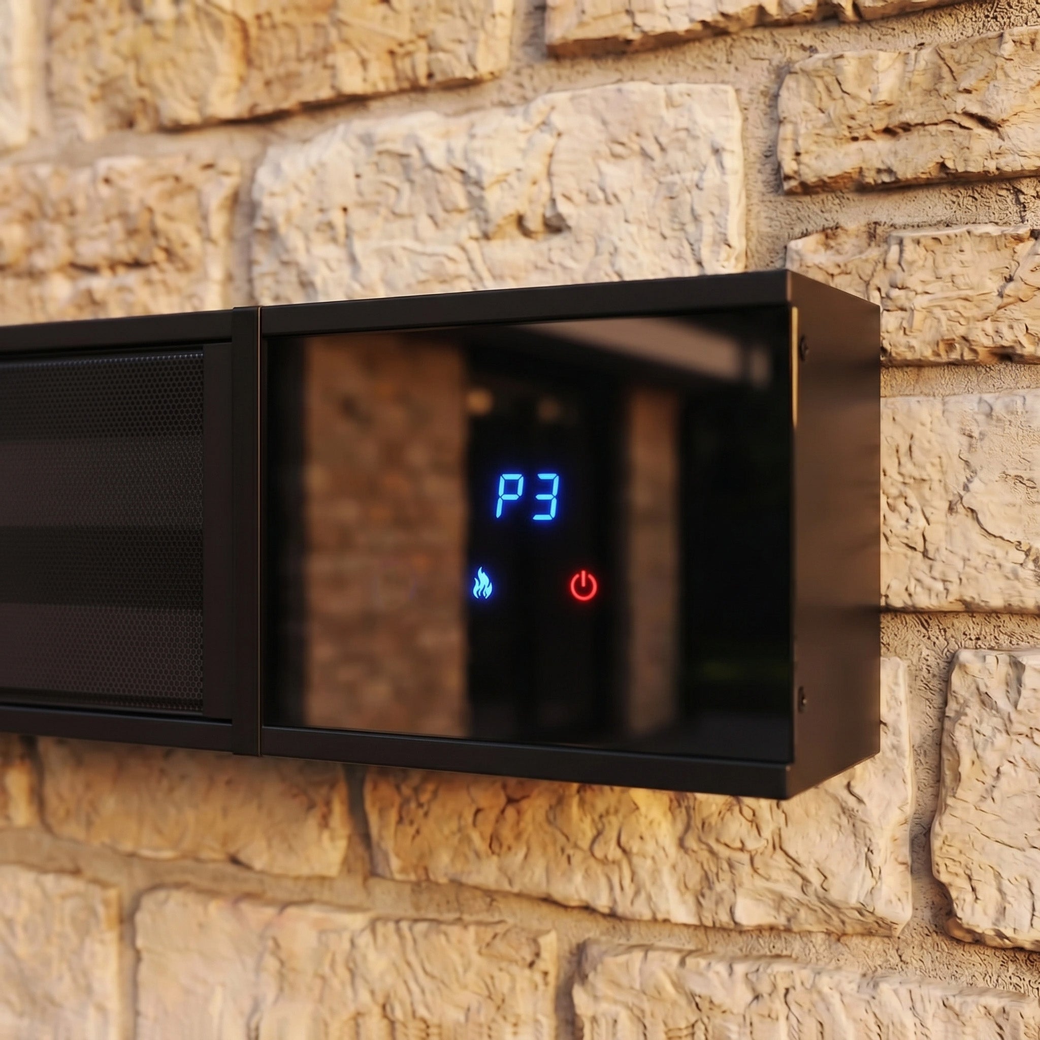 The PergoSTET 2400W Wifi & Bluetooth Heater in Black features a digital control panel with blue and red icons, mounted on a brick wall displaying "P3"—perfect for outdoor heating and enhancing your Harbour Lifestyle.