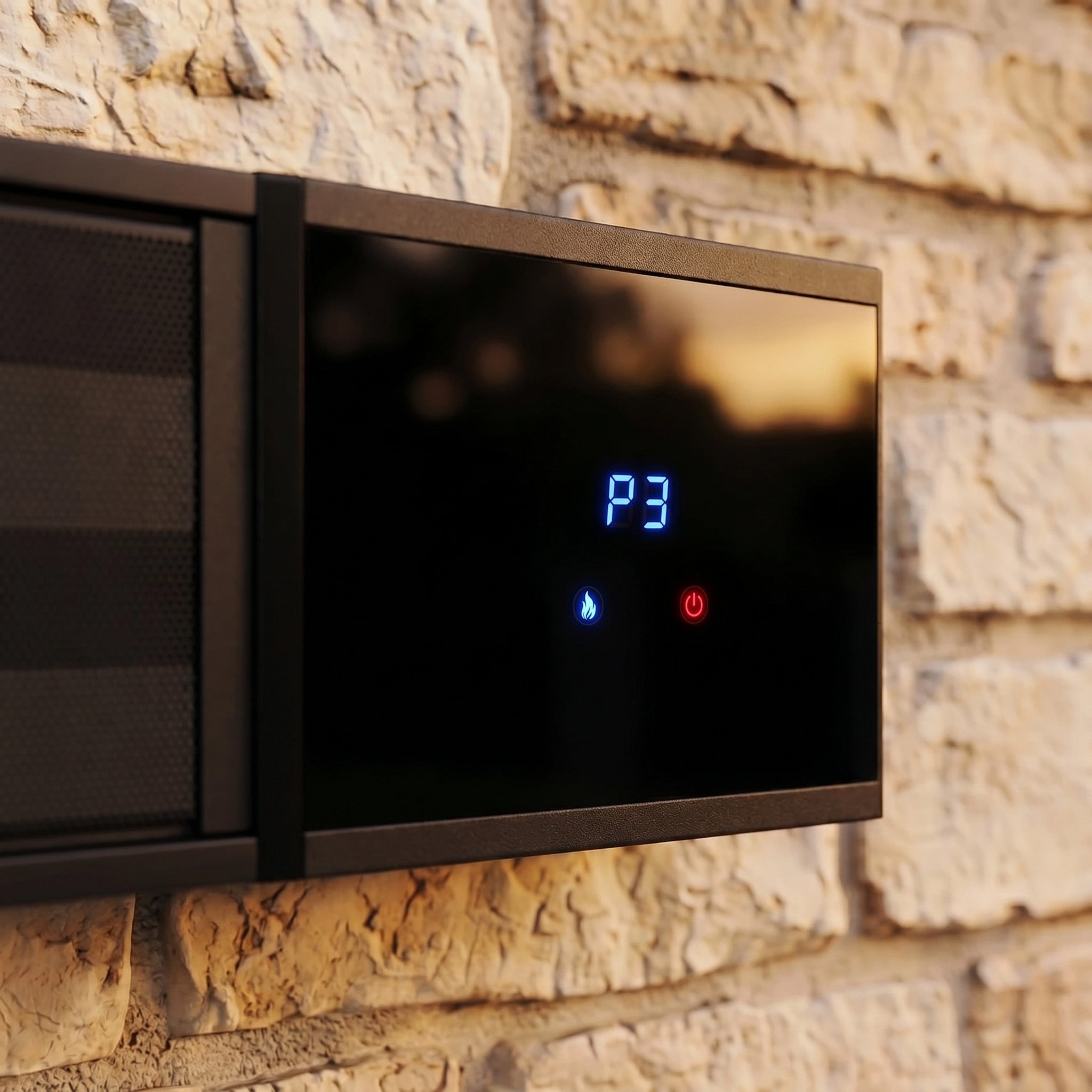 The PergoSTET 2400W Wifi & Bluetooth Heater in Black features a sleek digital control panel with blue "P3" display, mounted on a light brick wall—ideal for elevating your outdoor heating with Harbour Lifestyle.
