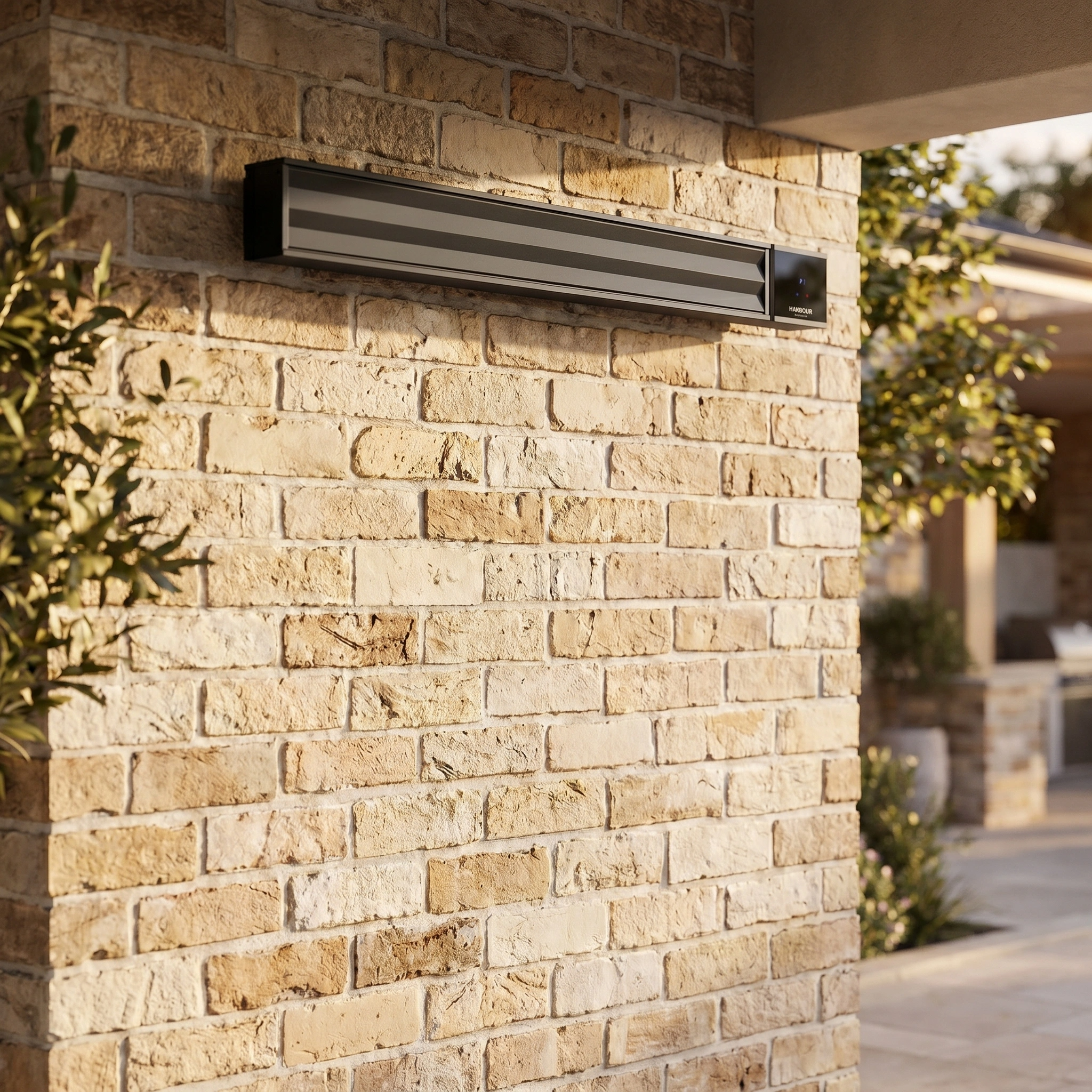 The PergoSTET 2400W Wifi & Bluetooth Heater in Black from Harbour Lifestyle is mounted on a light brick wall, offering efficient outdoor heating for a contemporary patio or pergola.