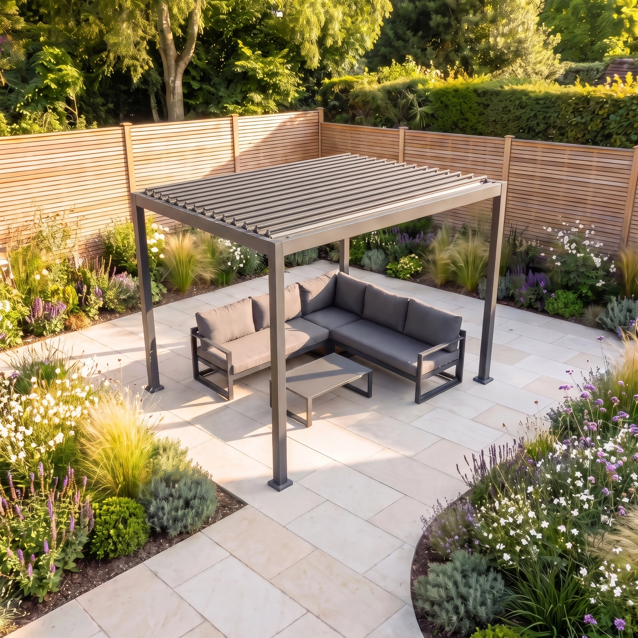 The PergoSTET Lite 2.4m x 3m Metal Rectangular Pergola in Grey features tilting louvres for adjustable outdoor shade over a gray seating set on a tiled patio, surrounded by lush garden plants and flowers.