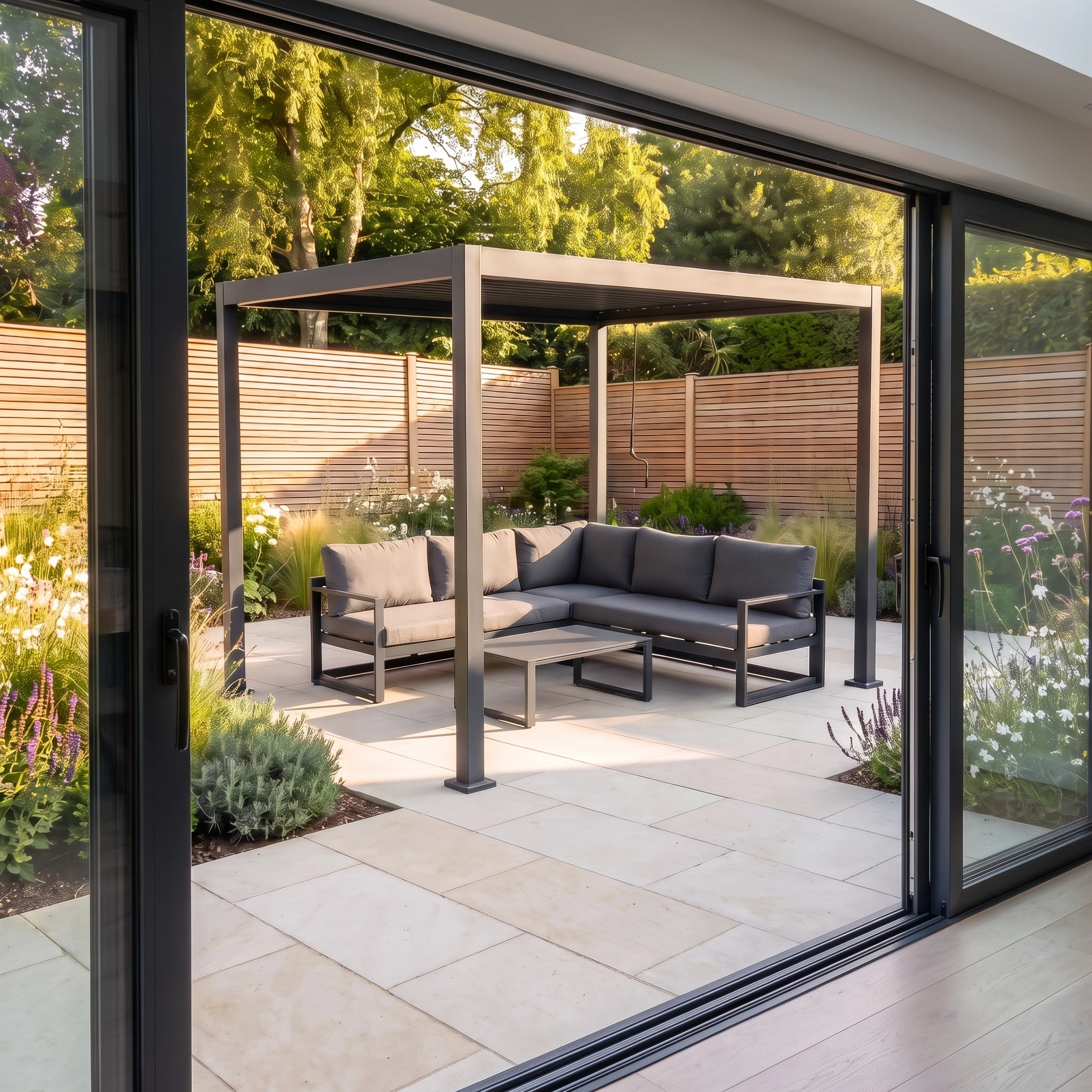 A modern patio with a gray outdoor sofa set sits beneath the PergoSTET Lite 2.4m x 3m Metal Rectangular Pergola in Grey, featuring tilting louvres for flexible outdoor shade, as seen through sliding glass doors.