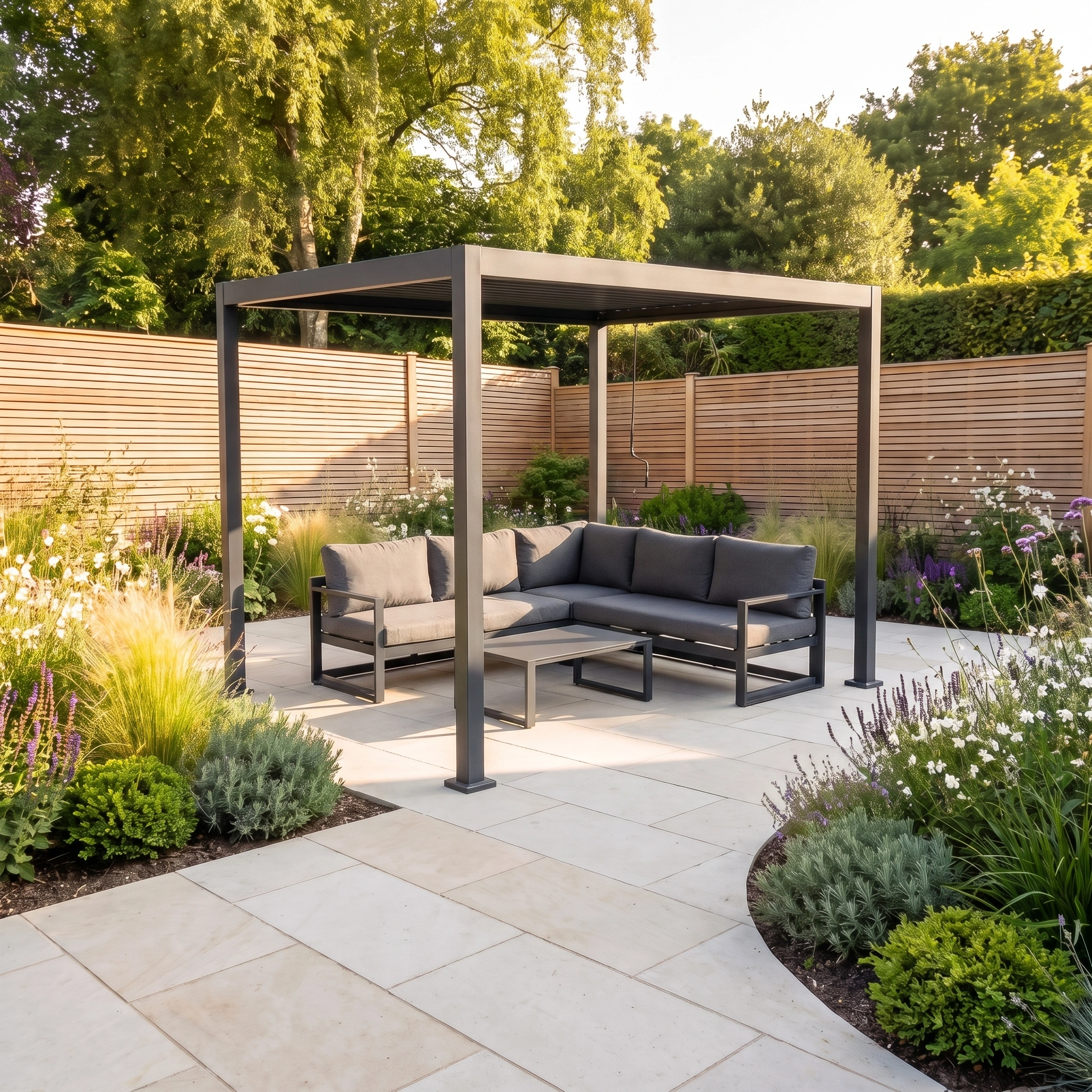 The PergoSTET Lite 2.4m x 3m Metal Rectangular Pergola in Grey, featuring tilting louvres, provides stylish outdoor shade over a patio furnished with gray sofas and surrounded by lush garden plants and wooden fencing.