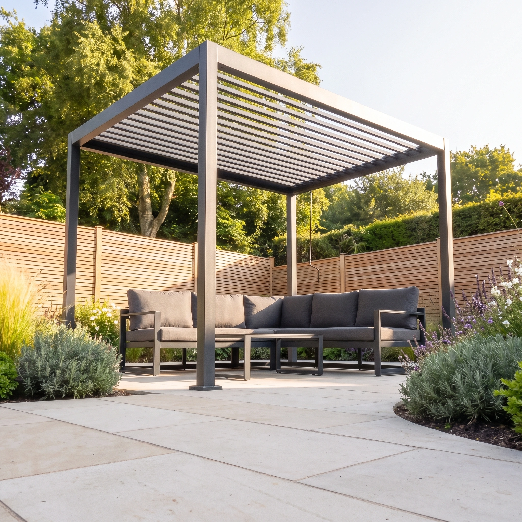 The PergoSTET Lite 2.4m x 3m Metal Rectangular Pergola in Grey features tilting louvres and is paired with black outdoor sofas on a tiled patio, surrounded by lush plants and wooden fencing for elegant outdoor shade.
