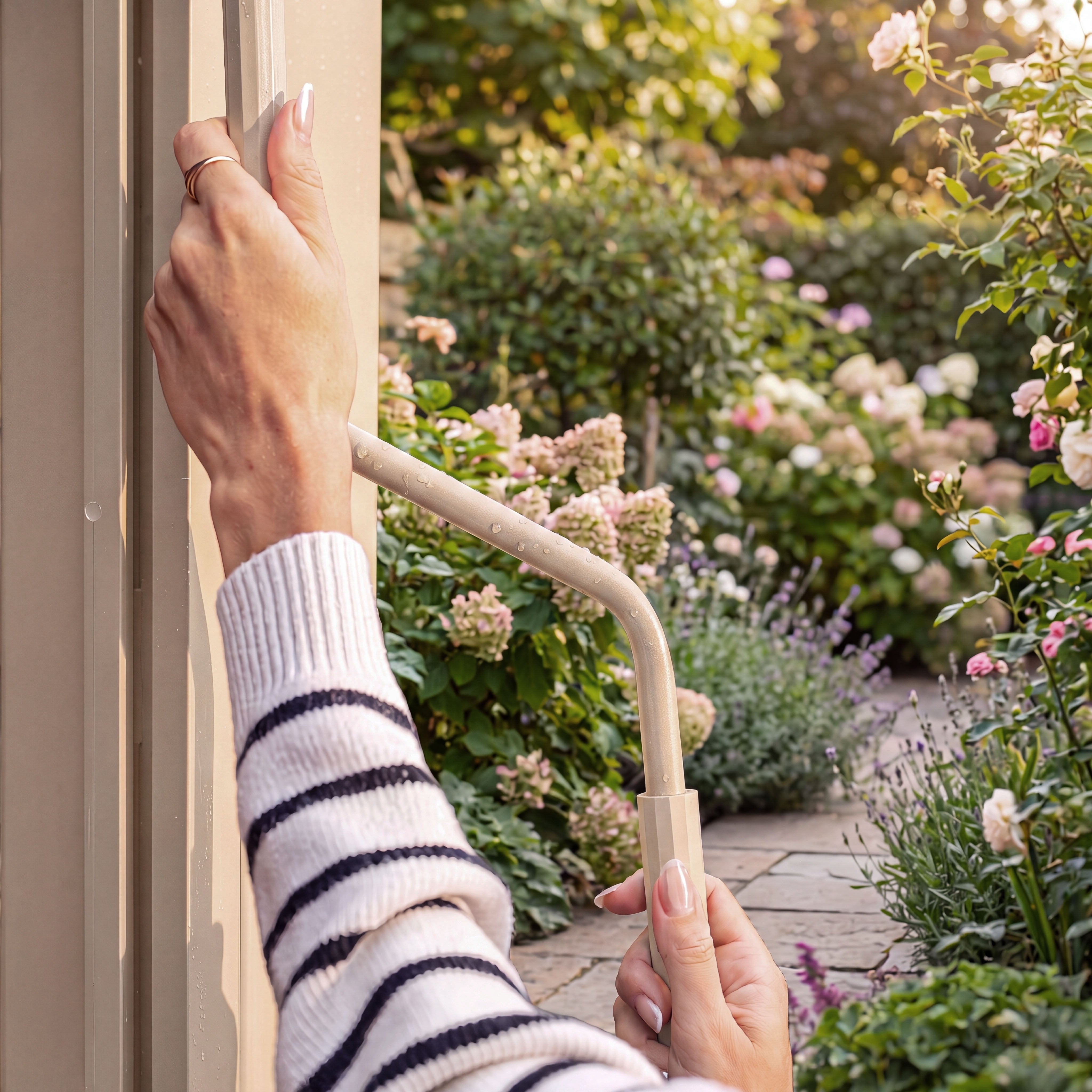 A person in a striped sweater opens a garden door with flowers and greenery visible outside, revealing a stylish outdoor shelter featuring tilting louvres—a PergoSTET Lite 2.4m x 3m Metal Rectangular Pergola in Latte.