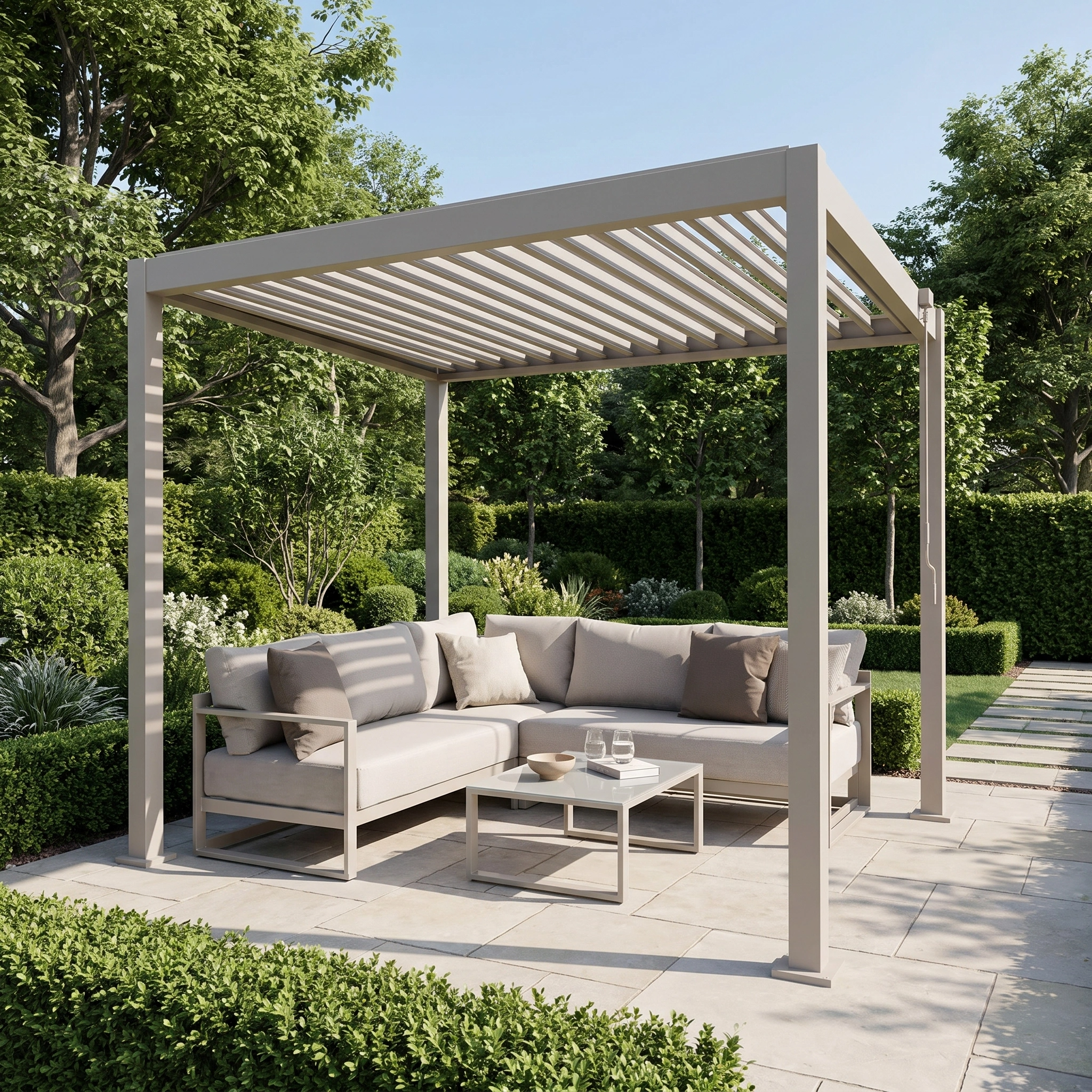 The PergoSTET Lite 2.4m x 3m Metal Rectangular Pergola in Latte with tilting louvres stands over an L-shaped outdoor sofa with cushions and a coffee table on a stone patio, creating an inviting outdoor shelter in a lush garden.