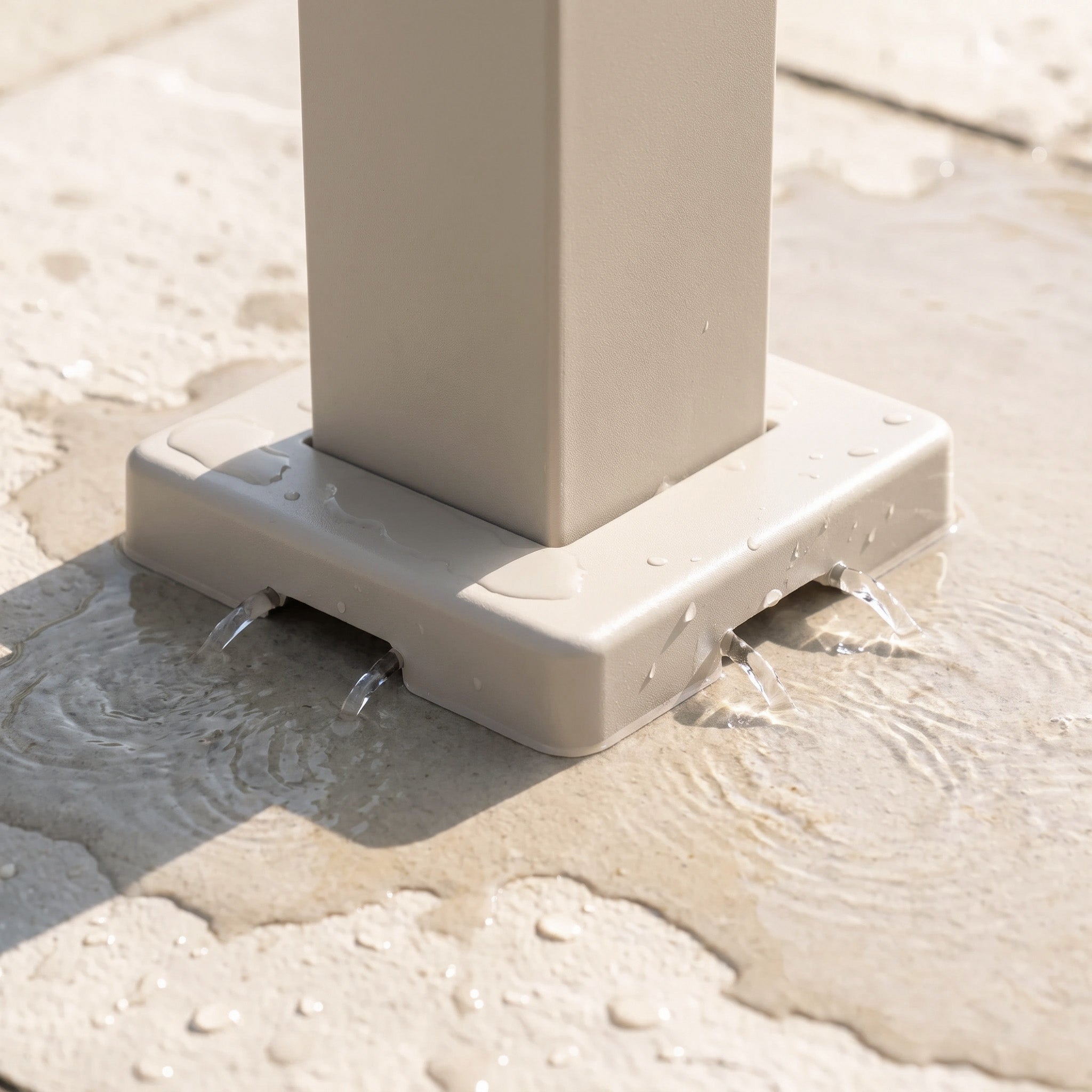 Water drains through slots in the beige base of the PergoSTET Lite 2.4m x 3m Metal Rectangular Pergola in Latte, which is attached to a square post on a wet tiled surface, forming a sturdy foundation for this outdoor shelter with tilting louvres.