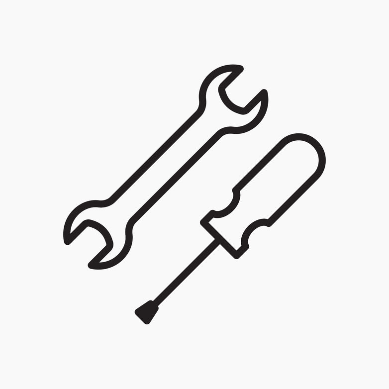 Black line drawing of a wrench and screwdriver crossed on a white background, representing the PergoSTET Deluxe Wall Mounted Assembly.