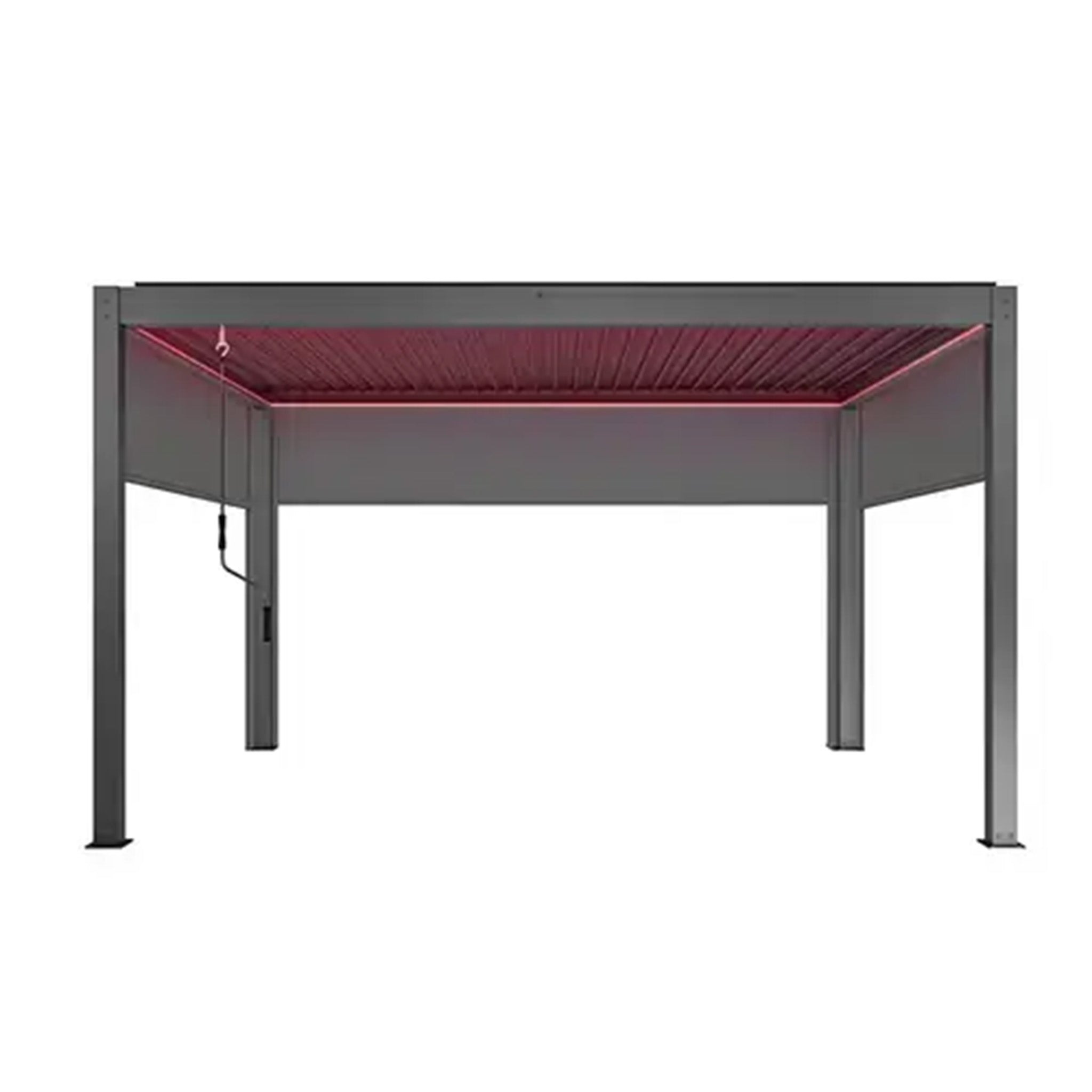 Introducing the PergoSTET Plus 3m x 4m pergola: a modern outdoor structure with a flat roof, integrated LED lighting in grey, and a retractable design. Enhance your space with optional textilene blinds for added privacy and style.