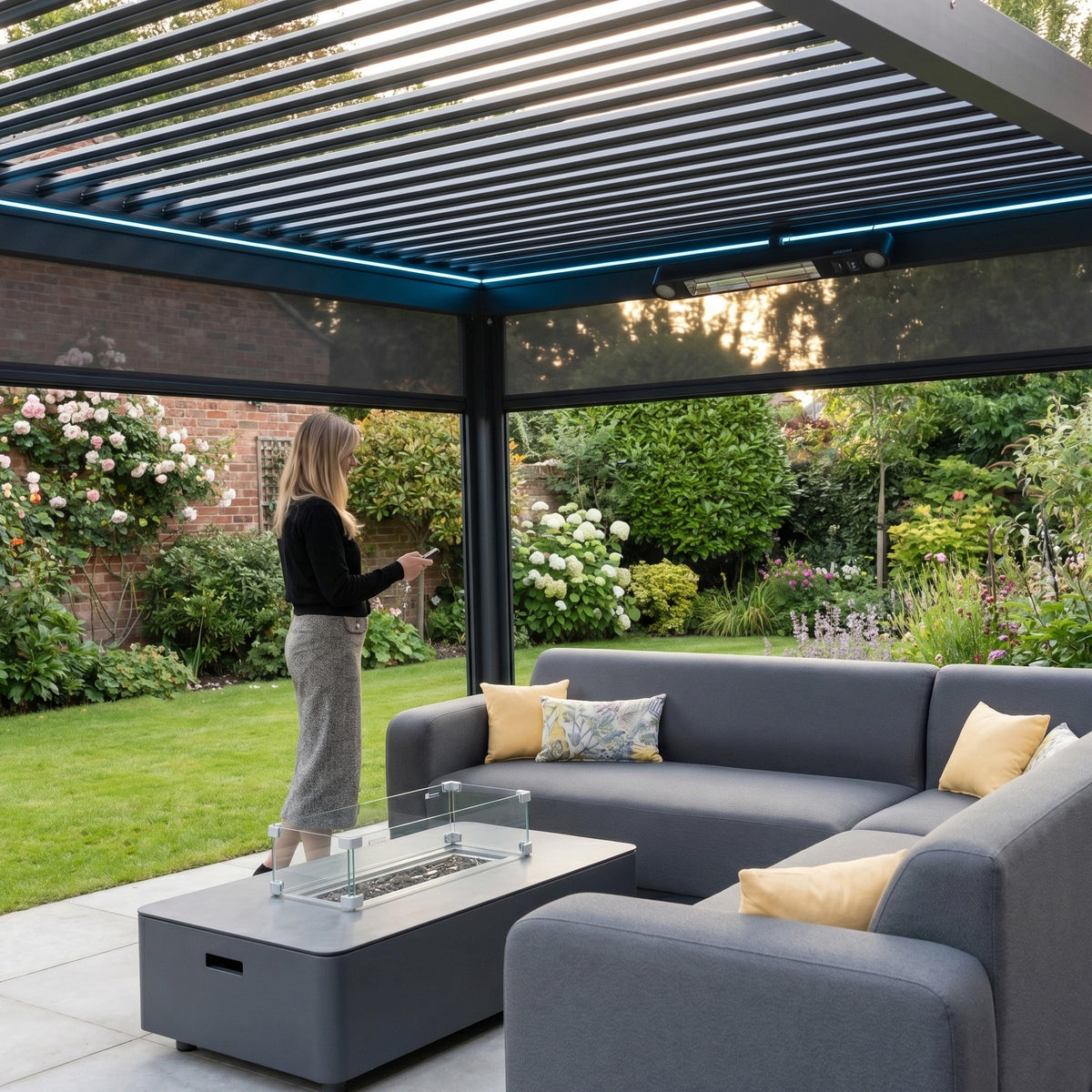 a woman standing under a covered patio