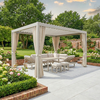 A rectangular 3m x 4m pergola with PergoSTET Latte Side Curtains for Lite and Lite Neo, complemented by outdoor seating and surrounded by flowers and greenery in a garden.