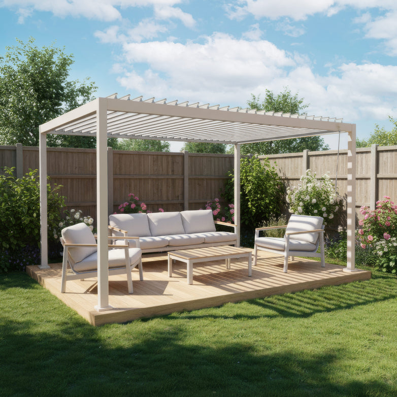 A PergoSTET Lite 3m x 4m Metal Rectangular Pergola in Latte with tilting louvres and outdoor seating surrounds a table on a wooden deck in a sunny, fenced backyard.