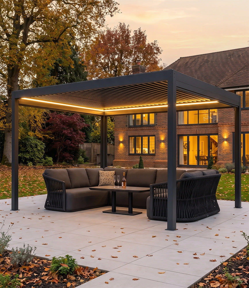 a patio with a couch and table