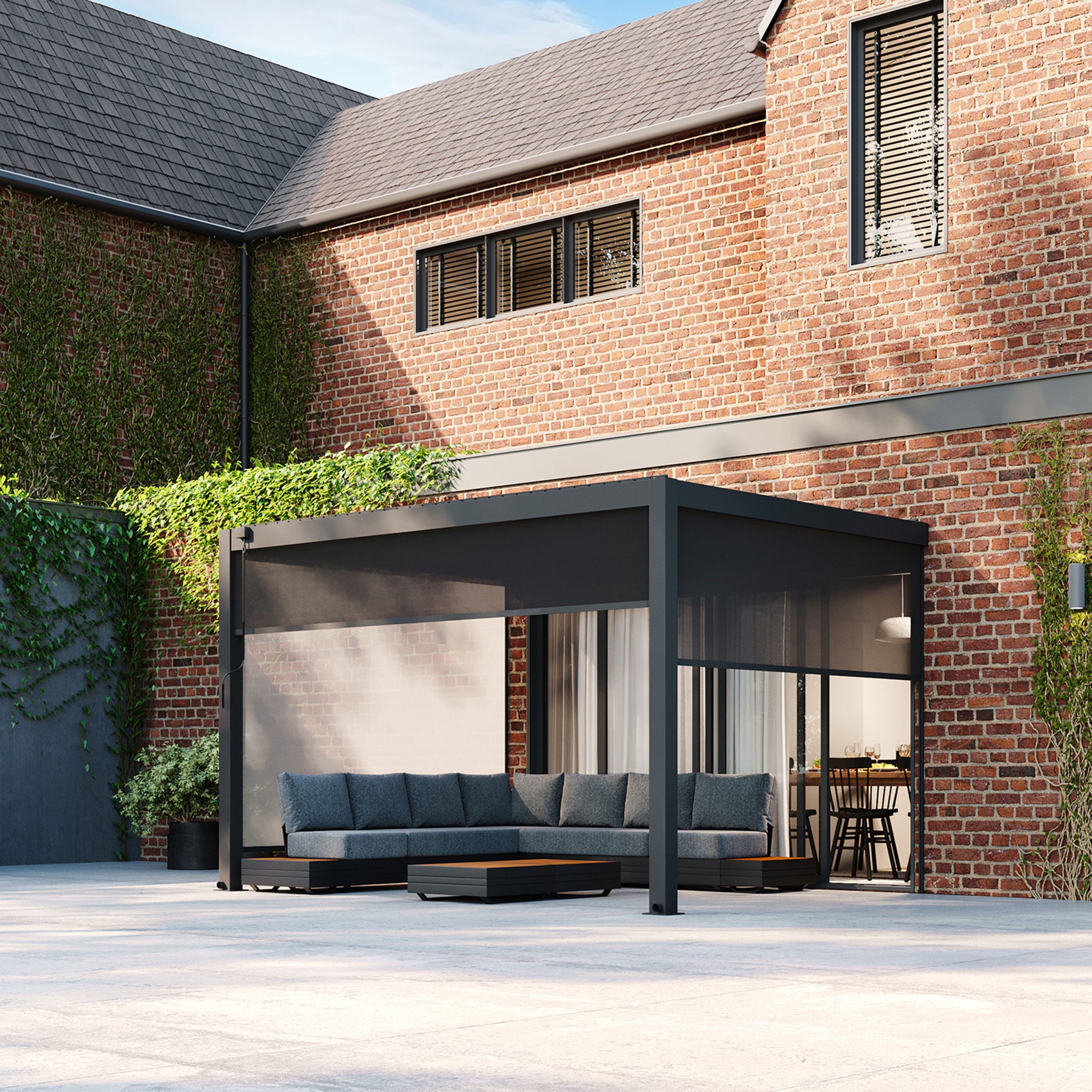 PergoSTET 3m x 4m Rectangular Wall Mounted Pergola with 3 Drop Sides a