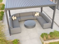 PergoSTET Deluxe 3m x 4m Rectangular Pergola with Motorised LED Louvres and 3 Manual Side Blinds in Grey