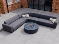 Luna Outdoor Fabric Large Curved Corner Group Set with Round Firepit Coffee Table in Grey