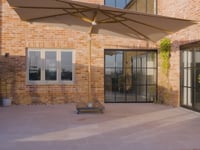 Volos 3m x 3m Square Cantilever Parasol with LED Lighting and 120kg Granite Base in Wheat and Wood Effect