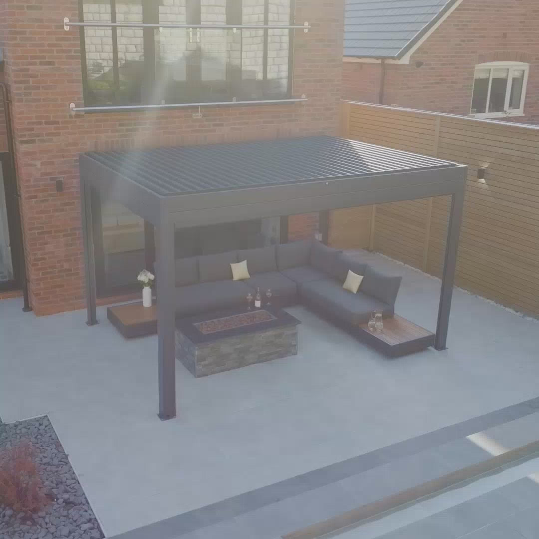 PergoSTET Plus 3m x 4m Rectangular Pergola with 3 Manual Side Blinds and LED Lighting in Grey