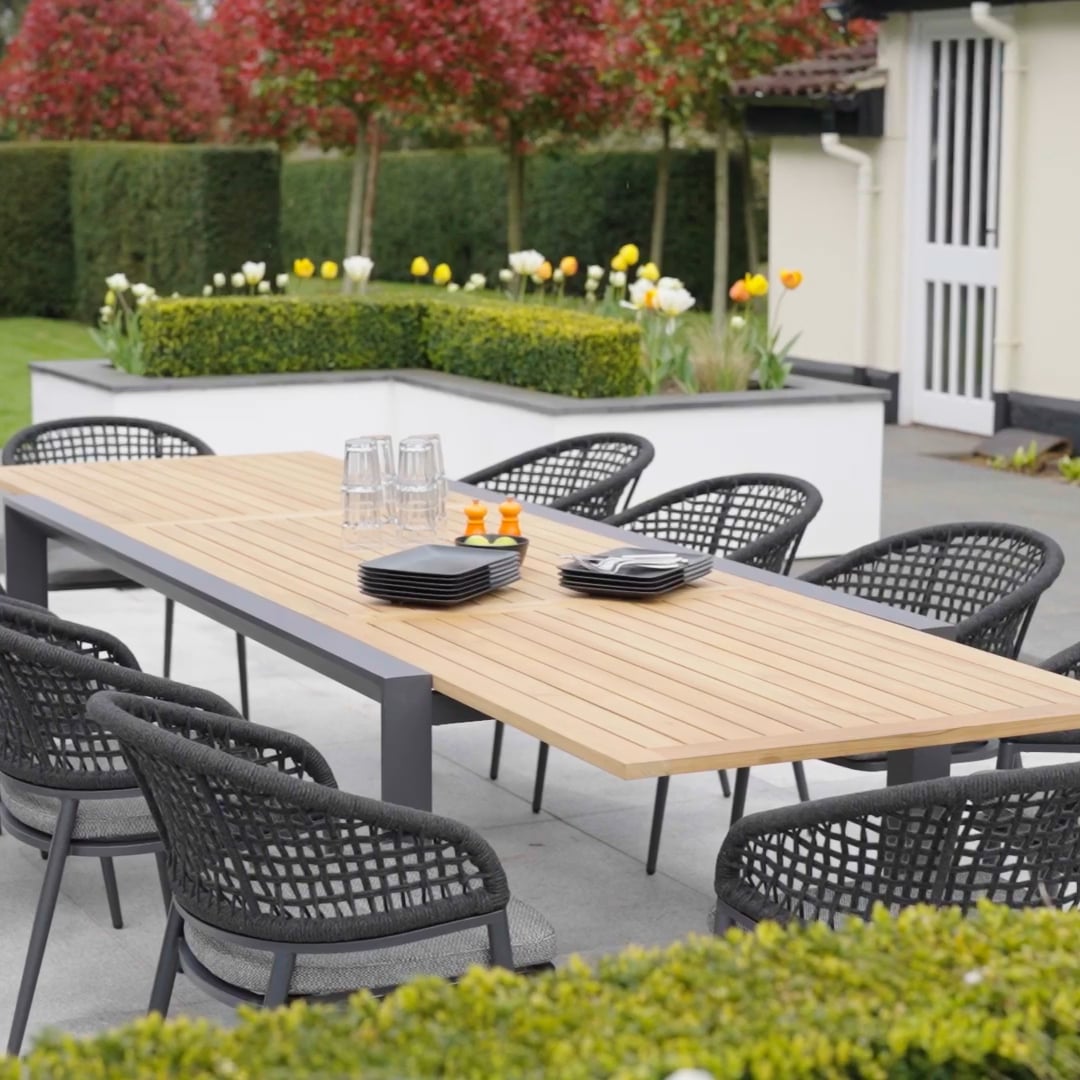 Kalama 10 Seat Rectangular Extending Dining Set with Teak Table in Charcoal