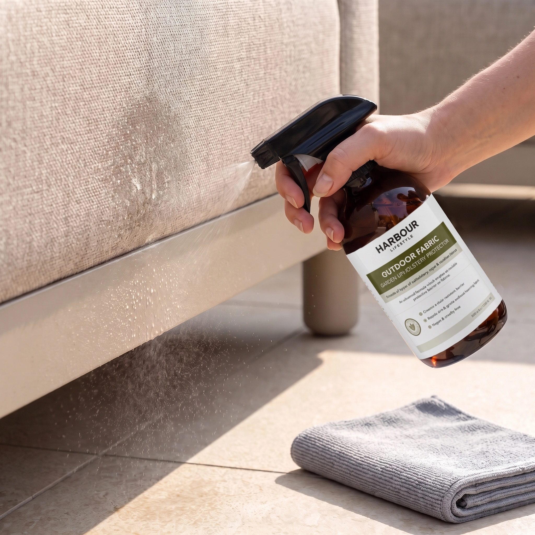 Spraying the Outdoor Furniture Cushion, Rope and Upholstery Protector by hand onto a beige sofa, with a gray cloth placed on the floor nearby.