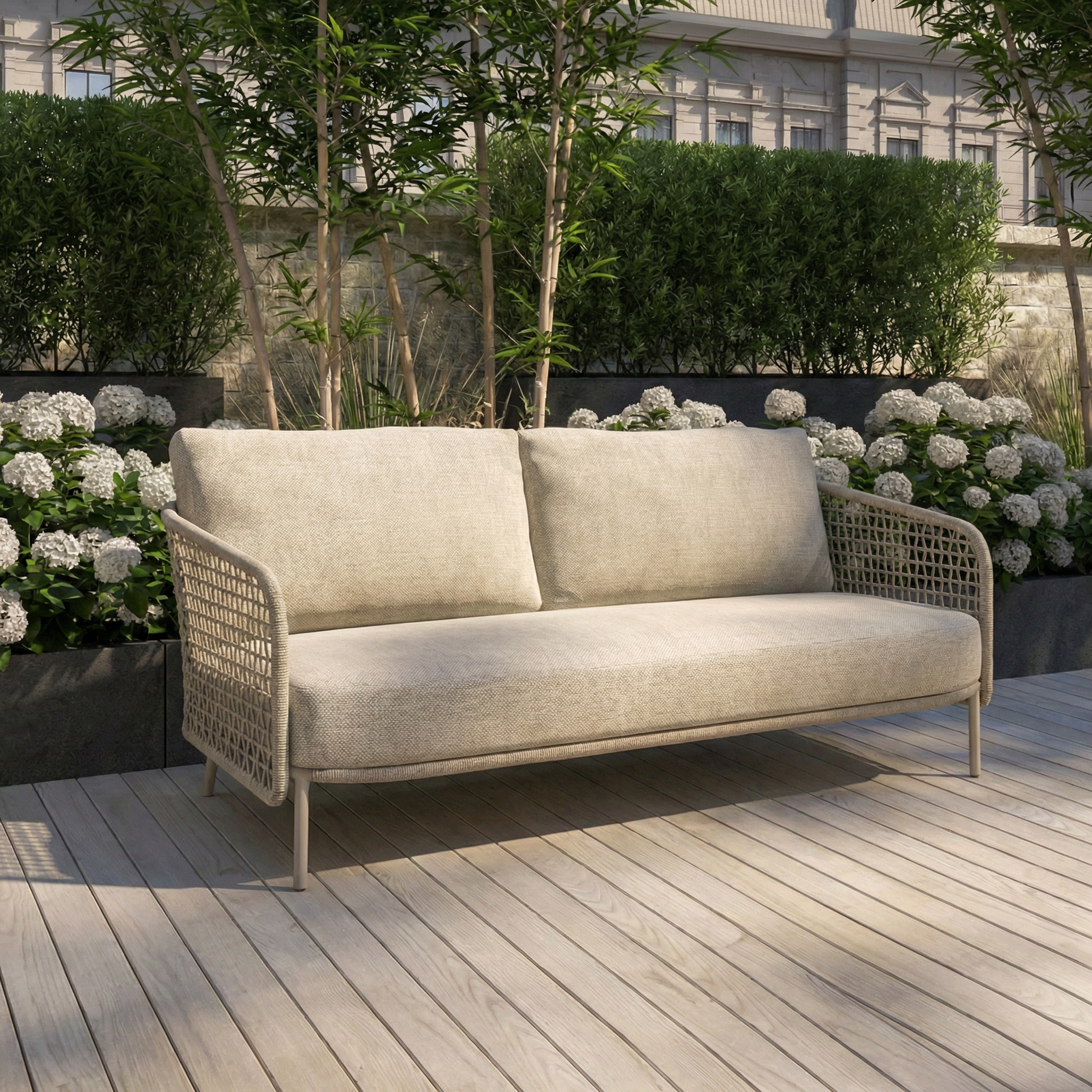 The Puccini 3 Seat Sofa (Ex Display) in beige, placed on a wooden deck among green plants and white flowers, offers an inviting garden ambiance.