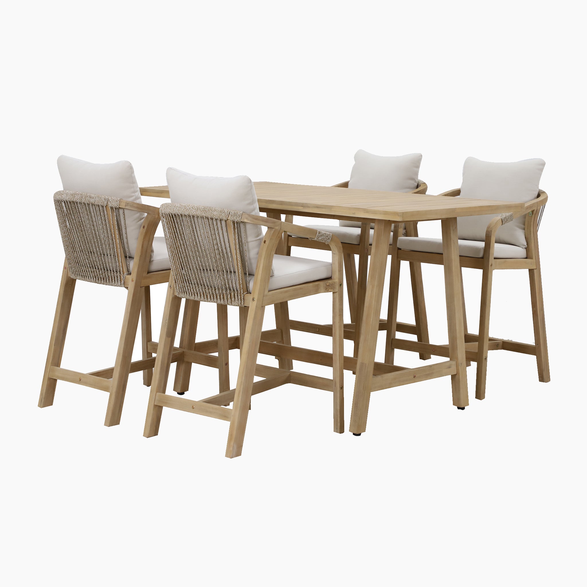A sustainably sourced acacia wood bar table paired with six cushioned chairs featuring woven backrests, arranged on a white background. This elegant ensemble is part of the Quay 6 Seat Rectangular Bar Set In Linen.