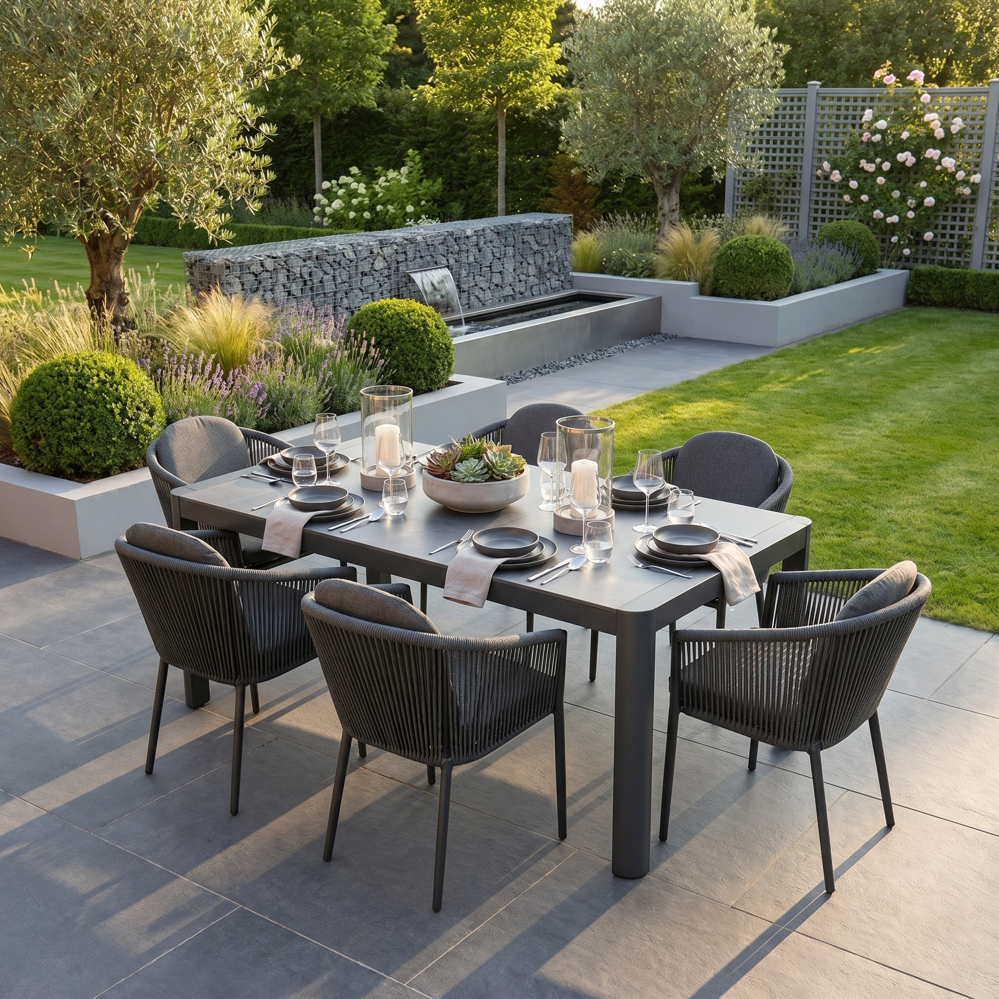 The Ravona 6 Seat Rope Extending Dining Set (162-222cm) in Charcoal creates a modern patio dining space for six, beautifully set against lush garden greenery.