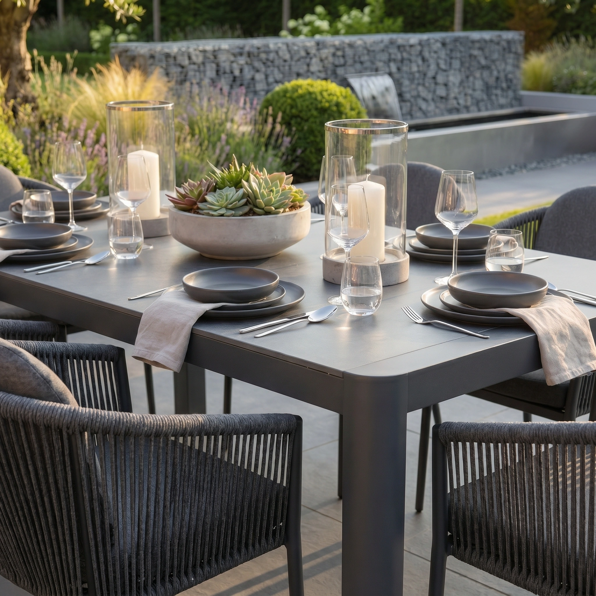 The Ravona 6 Seat Rope Extending Dining Set (162-222cm) in Charcoal is a stylish outdoor dining set, ideal for gatherings and comfortably seating six with chic gray tableware, glassware, candles, and succulents.