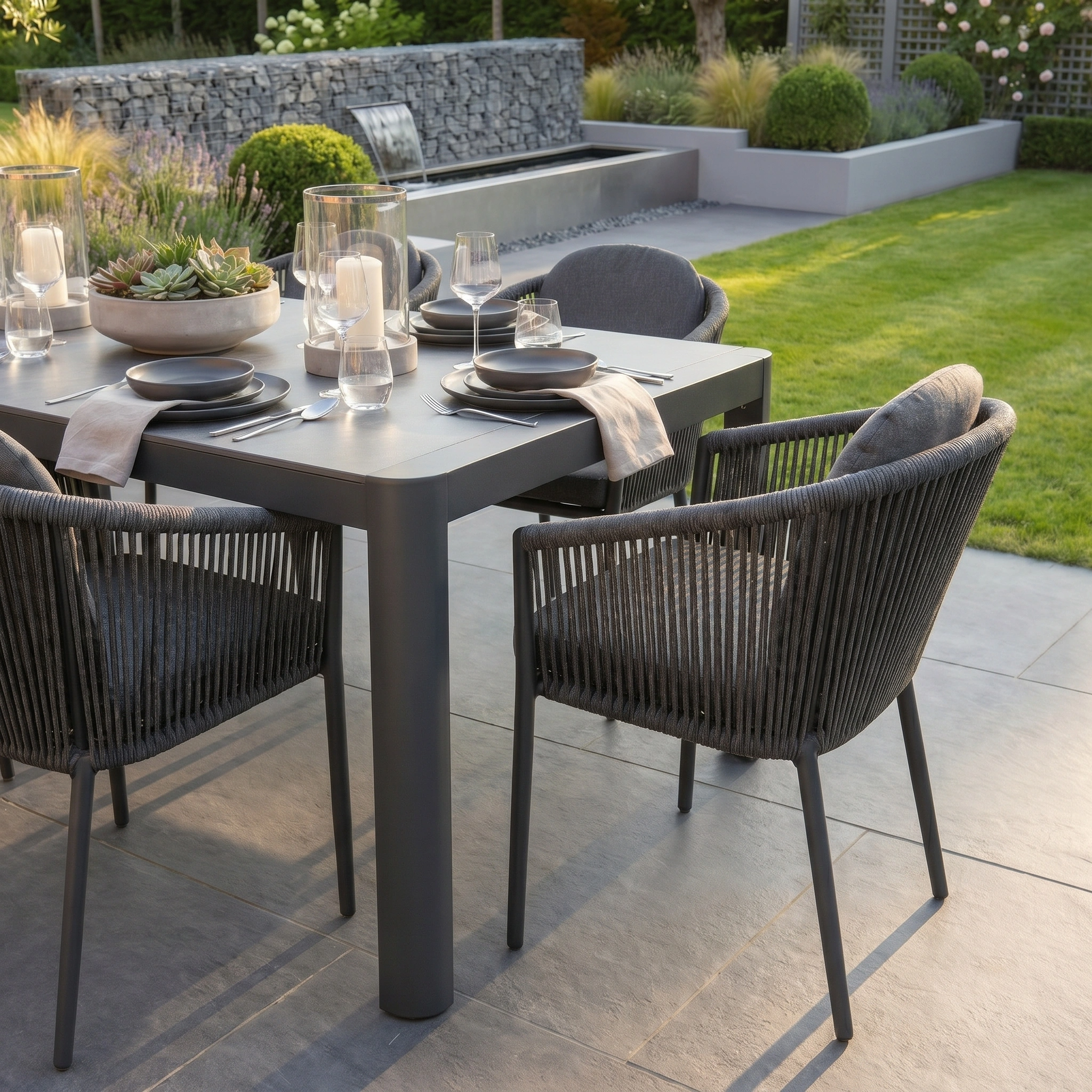 Create a chic alfresco setting with the Ravona 6 Seat Rope Extending Dining Set (162-222cm) in Charcoal—perfect for outdoor dining, candlelit evenings, and garden views.