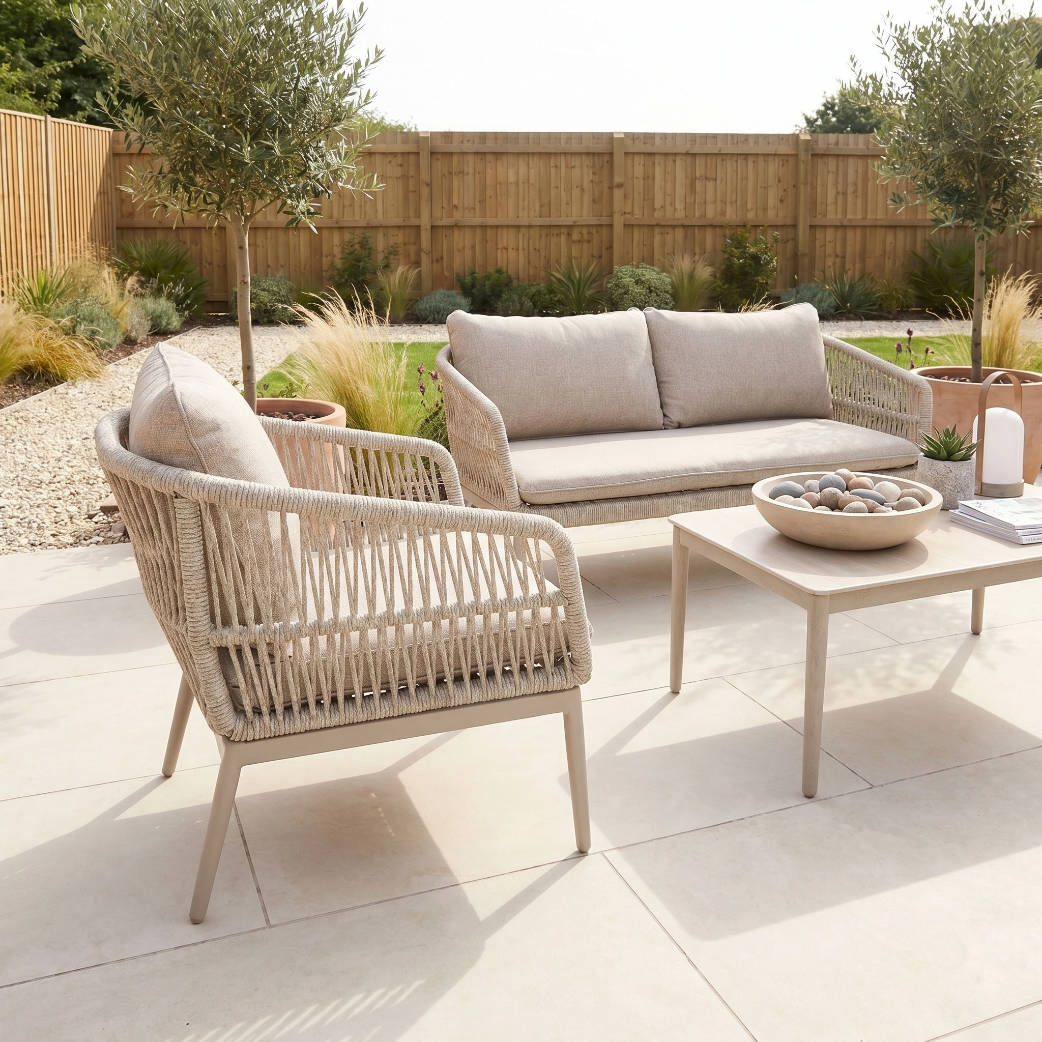 Outdoor patio featuring the Rhea 2 Seat Sofa Set in Latte, a contemporary garden set including a sofa, chair, coffee table, and potted plants in a fenced garden.