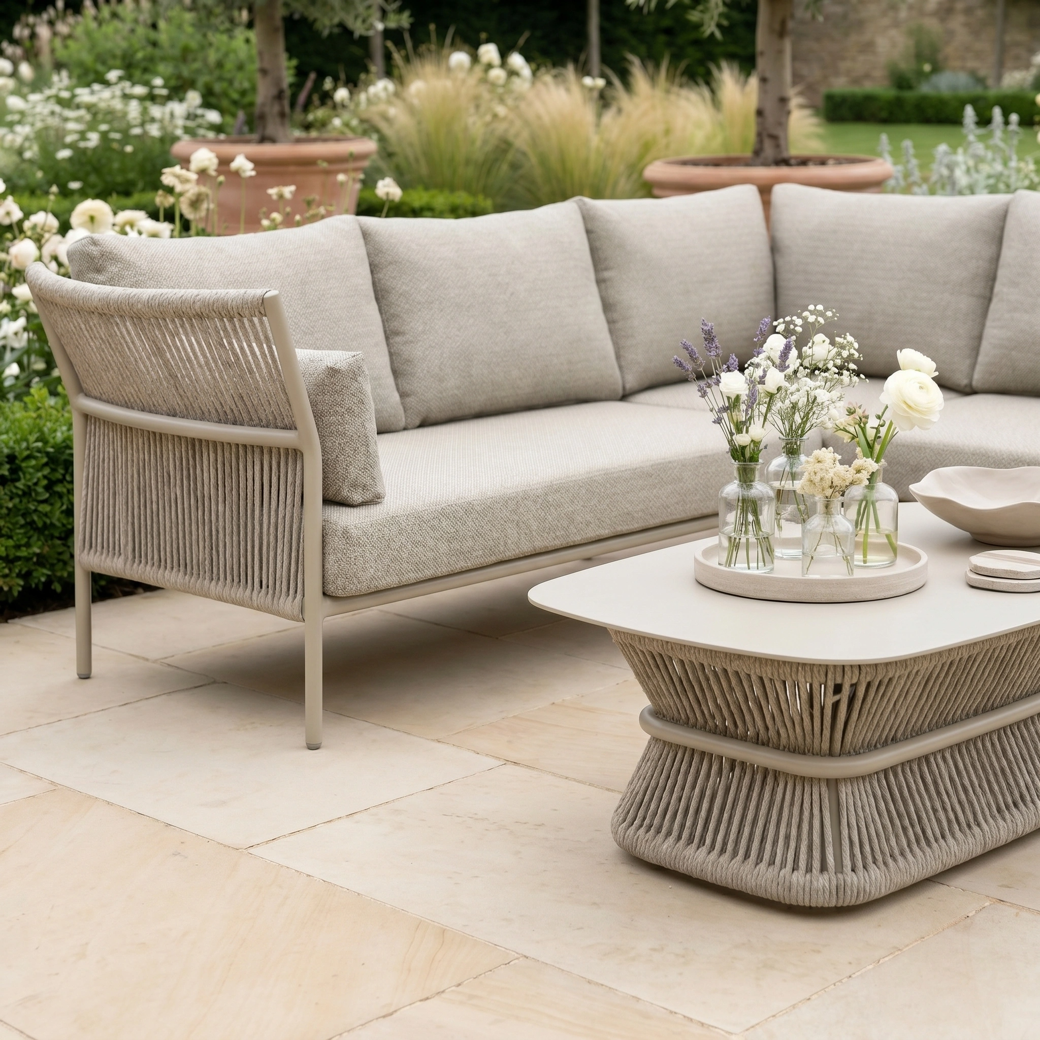 Outdoor patio with the Salina Corner Group Set in Latte, featuring a weather-resistant beige sofa, neutral cushions, and an aluminium table topped with vases of white and lavender flowers.