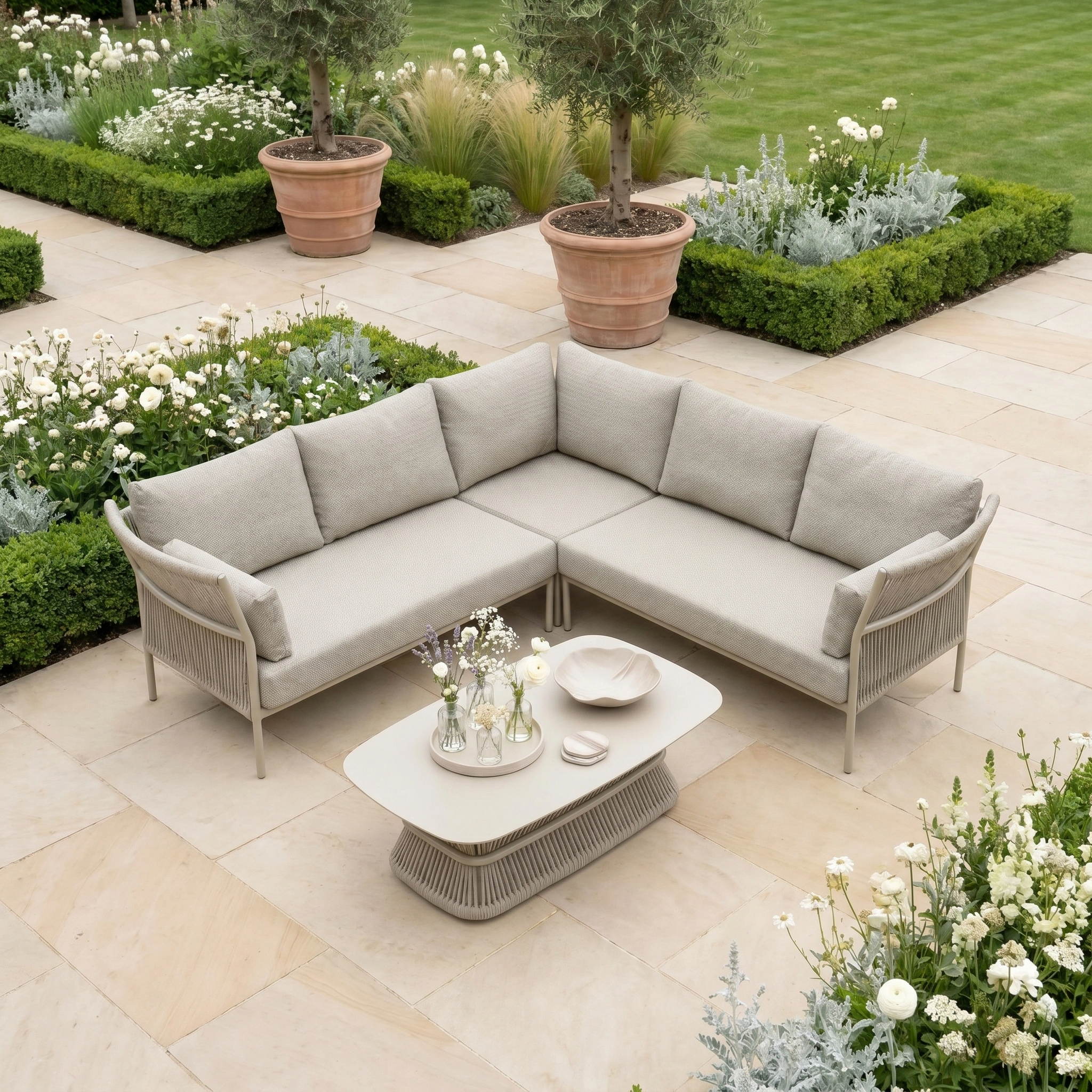 The Salina Corner Group Set with Aluminium Table in Latte sits on a stone patio, surrounded by greenery and flowers. This weather-resistant modular set brings comfort and style to your garden retreat.