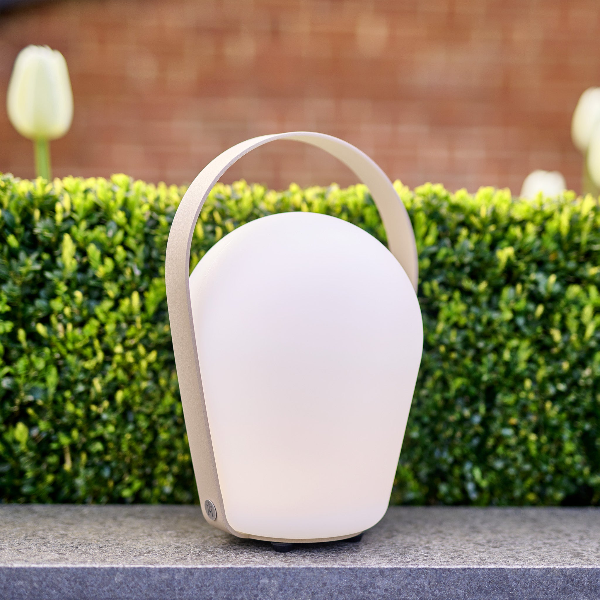 A modern, weather-resistant Bob Large Table Light in Sand with a rechargeable function is placed outdoors in front of a green hedge.