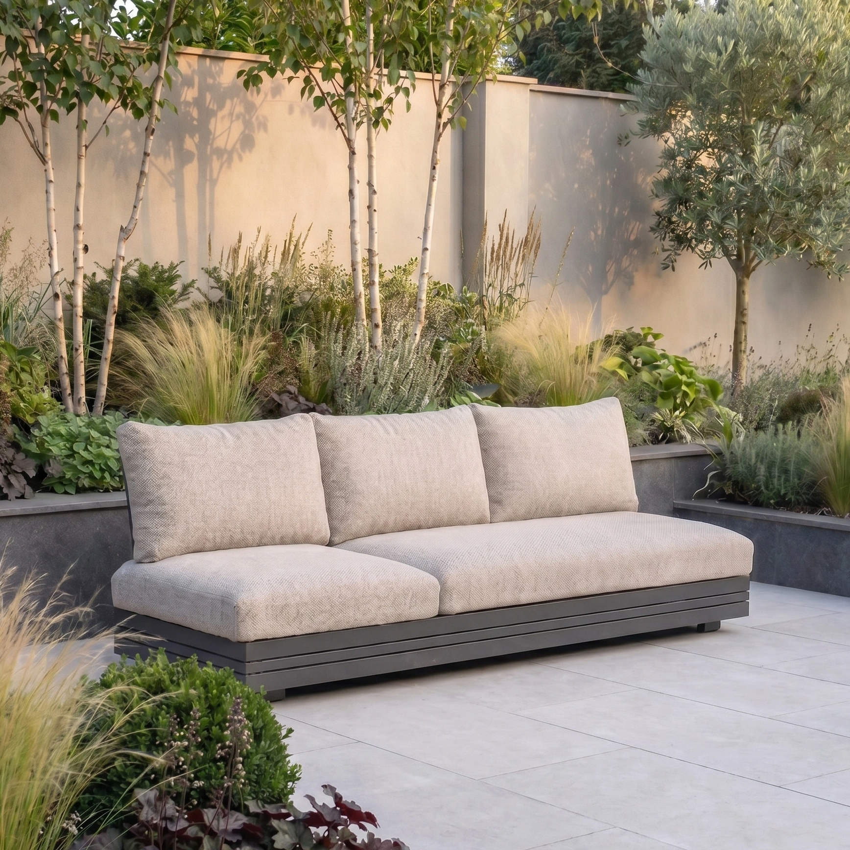 The Savona 3 Seat Sofa with Sun Lounger Feature in Truffle is UV-resistant garden furniture, perfect for stylish comfort on your patio among greenery and trees by a light fence.
