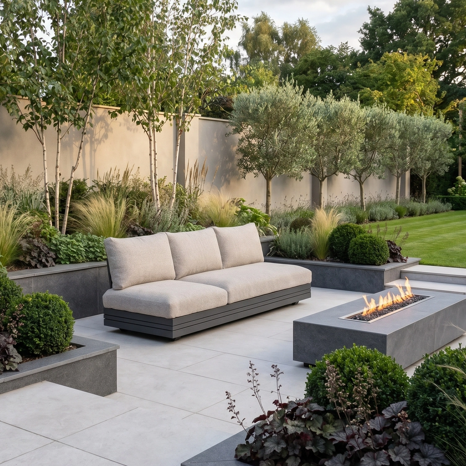 Modern patio featuring the Savona 3 Seat Sofa with Sun Lounger Feature in Truffle, a cozy fire pit, and lush green plants surrounding a stylish tiled seating area.