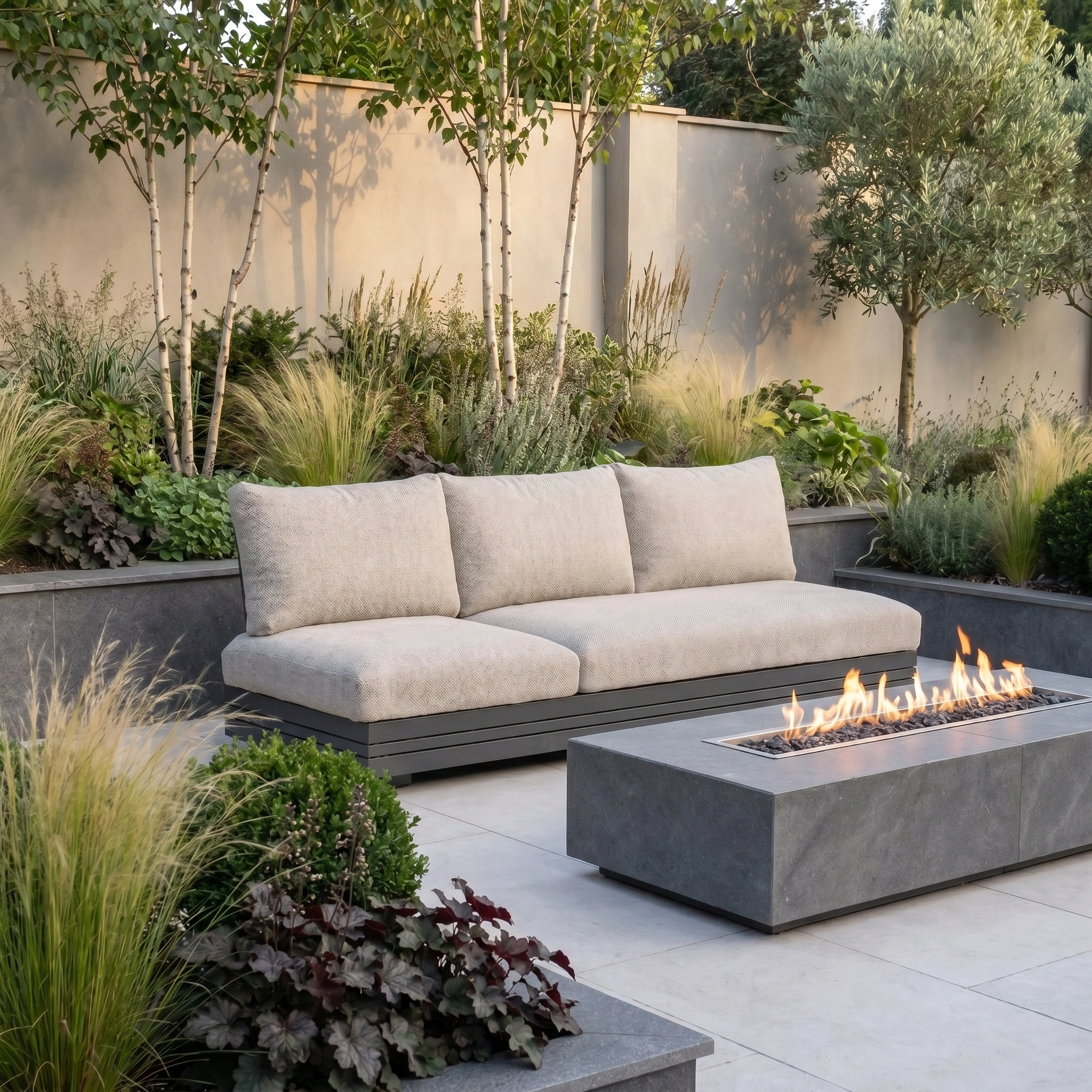 Modern outdoor patio with a UV-resistant Savona 3 Seat Sofa with Sun Lounger Feature in Truffle, paired with a rectangular fire pit and surrounded by lush plants and shrubs.
